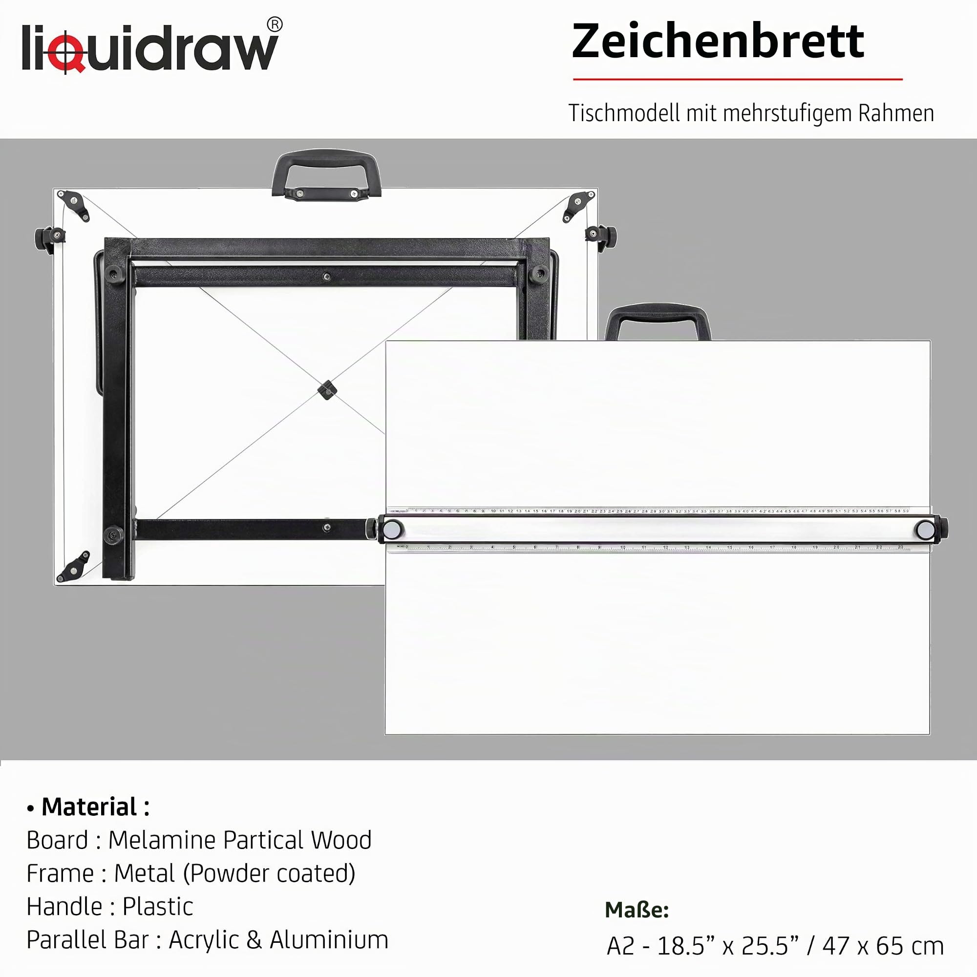 Liquidraw TTM02 Parallel Motion Zeichenbrett, A2, mit 5 verstellbaren Arbeitswinkeln, Clips und quadratischem Quadrat, Weiß