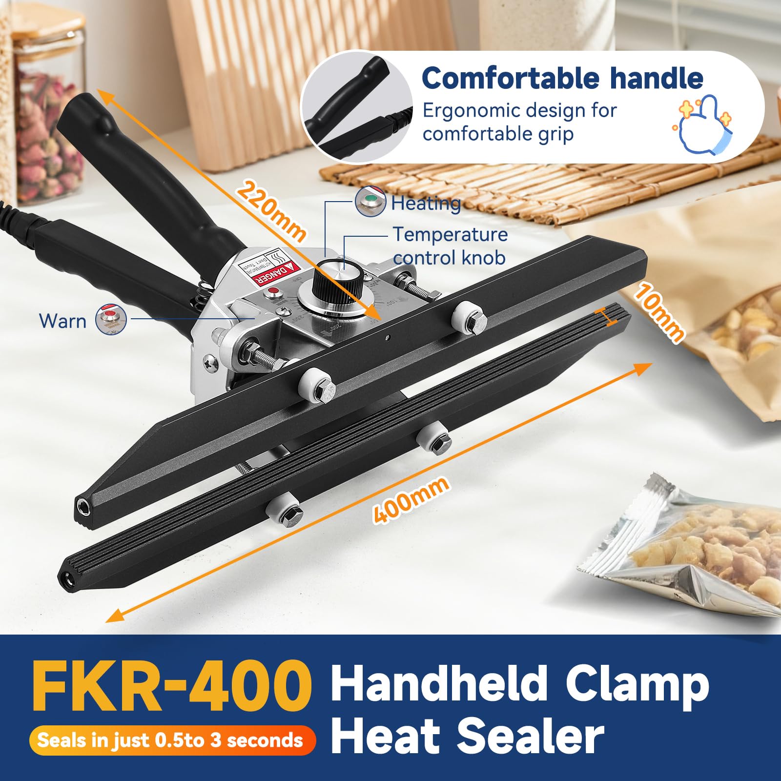 Hanchen 500mm Crimp-Heißsiegelgerät Tragbare Handheld Heißsiegelgerät 0~250℃ Folienschweißgerät Lebensmittelverpackungen Siegeln Bag Sealer für Aluminiumfolienbeutel, Kraftpapiertüten