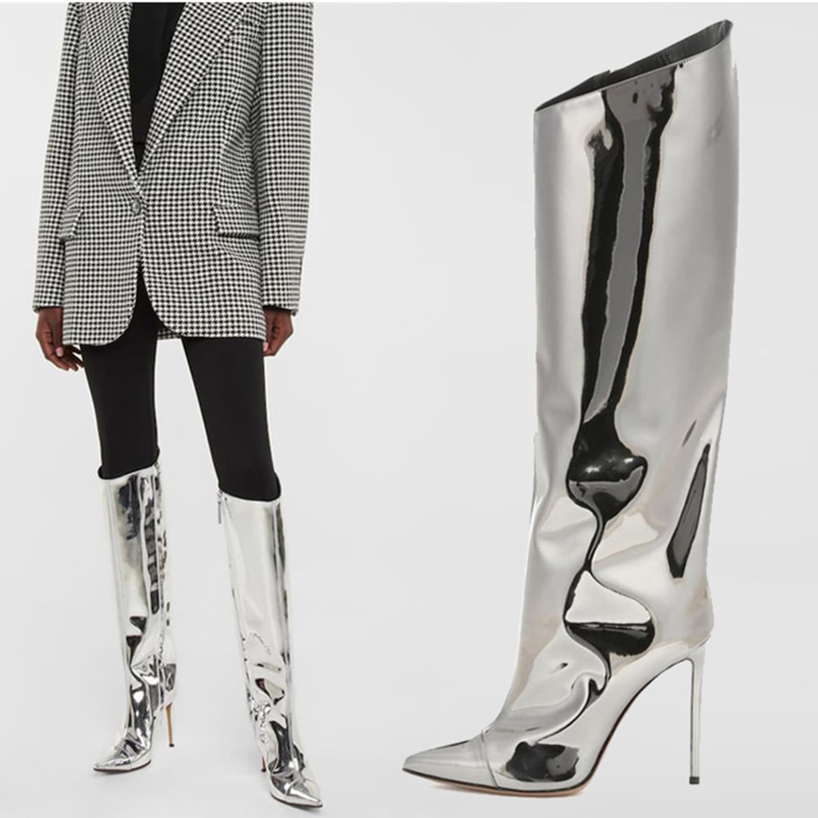 12CM / 4.72IN Sexy Bout Pointu Stiletto en Cuir Verni Discothèque Catwalk Étape Bottes Hautes sur Le Genou Grande Taille Côté Zipper Performance Bottes