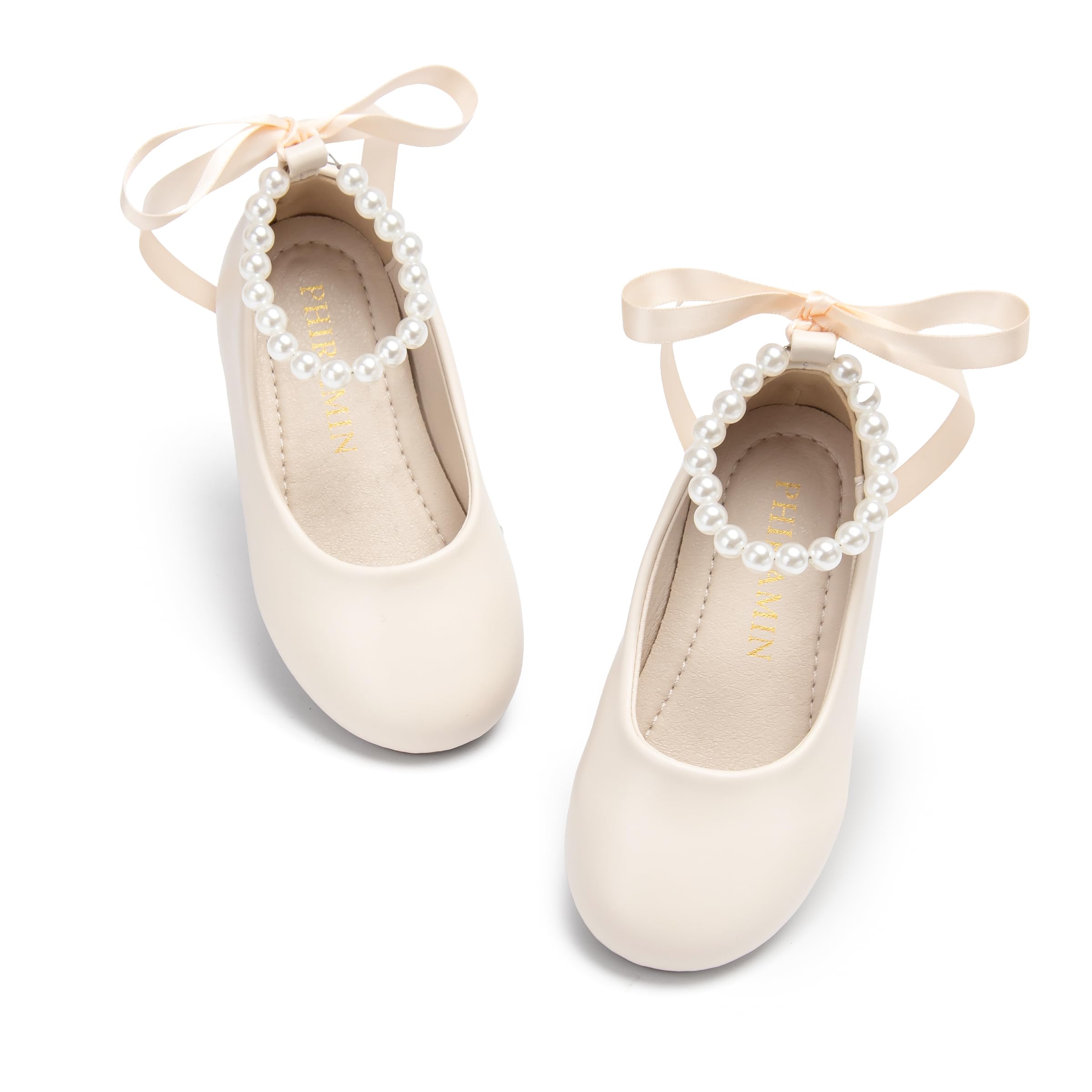 PHIRAMIN Toddler Flower Girl Dress Shoes - Little Girl Ballet Flats Pearl Strap for Wedding Party