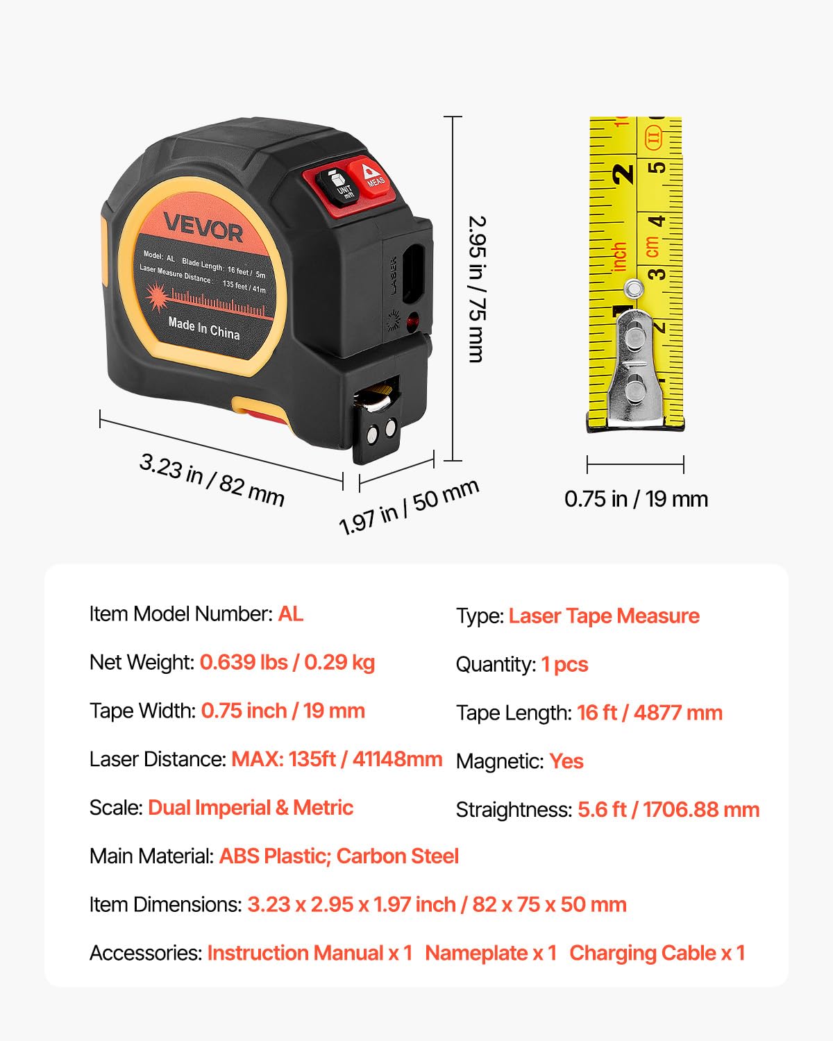 VEVOR Mètre Ruban Laser 2 en 1 Ruban de Mesure Laser Rechargeable 135 pi 41 m Outil de Mesure Magnétique 16 pi 4,9 m, 4 Modes, Longueur, Surface, Volume, Continu, Unités pi/po/m/pi+po, pour Extérieur