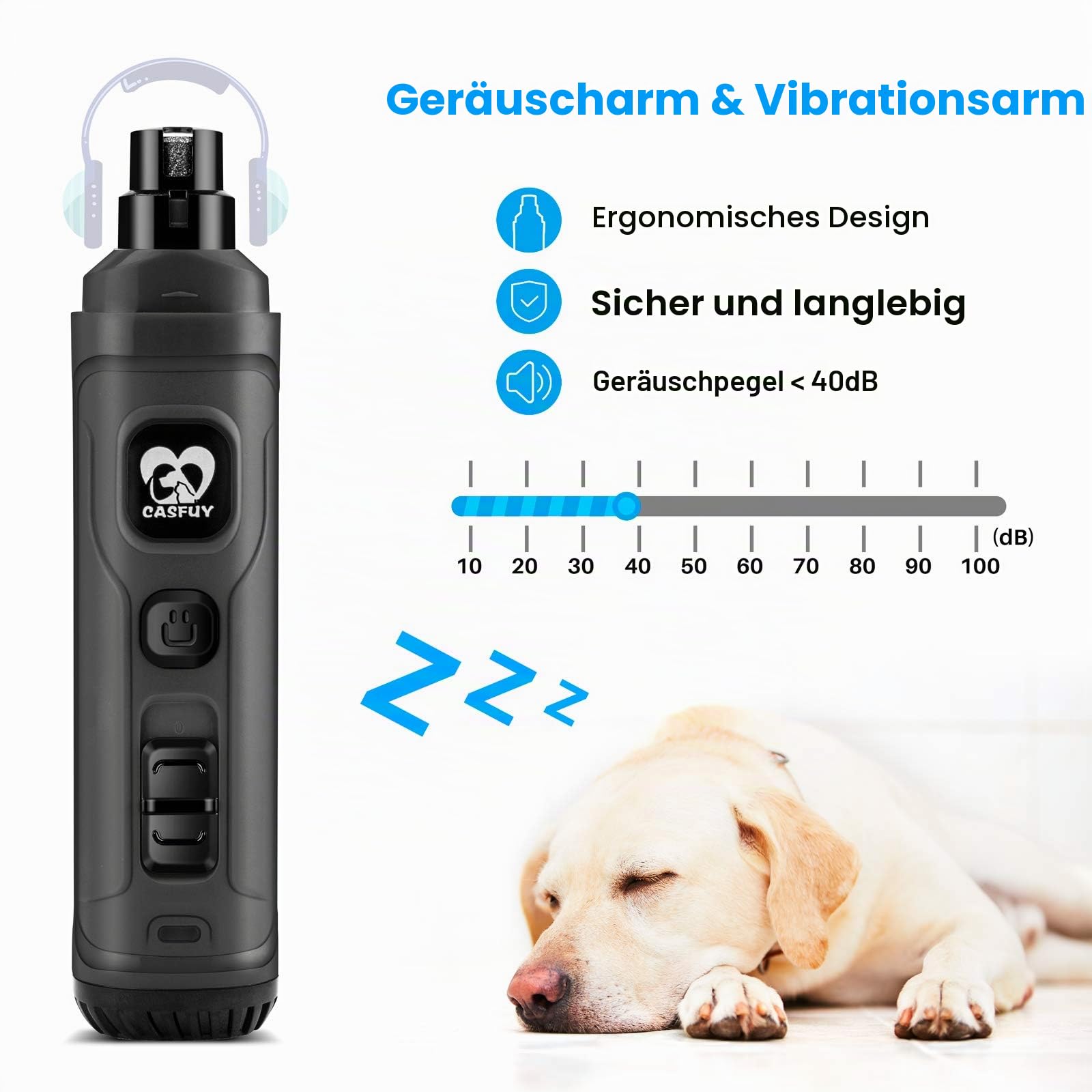 Casfuy Krallenschleifer für Hunde mit 2 LED-Leuchten – 2 Geschwindigkeiten, leiser, leistungsstarker elektrischer Krallenschneider für kleine, mittelgroße Hunde und Katzen