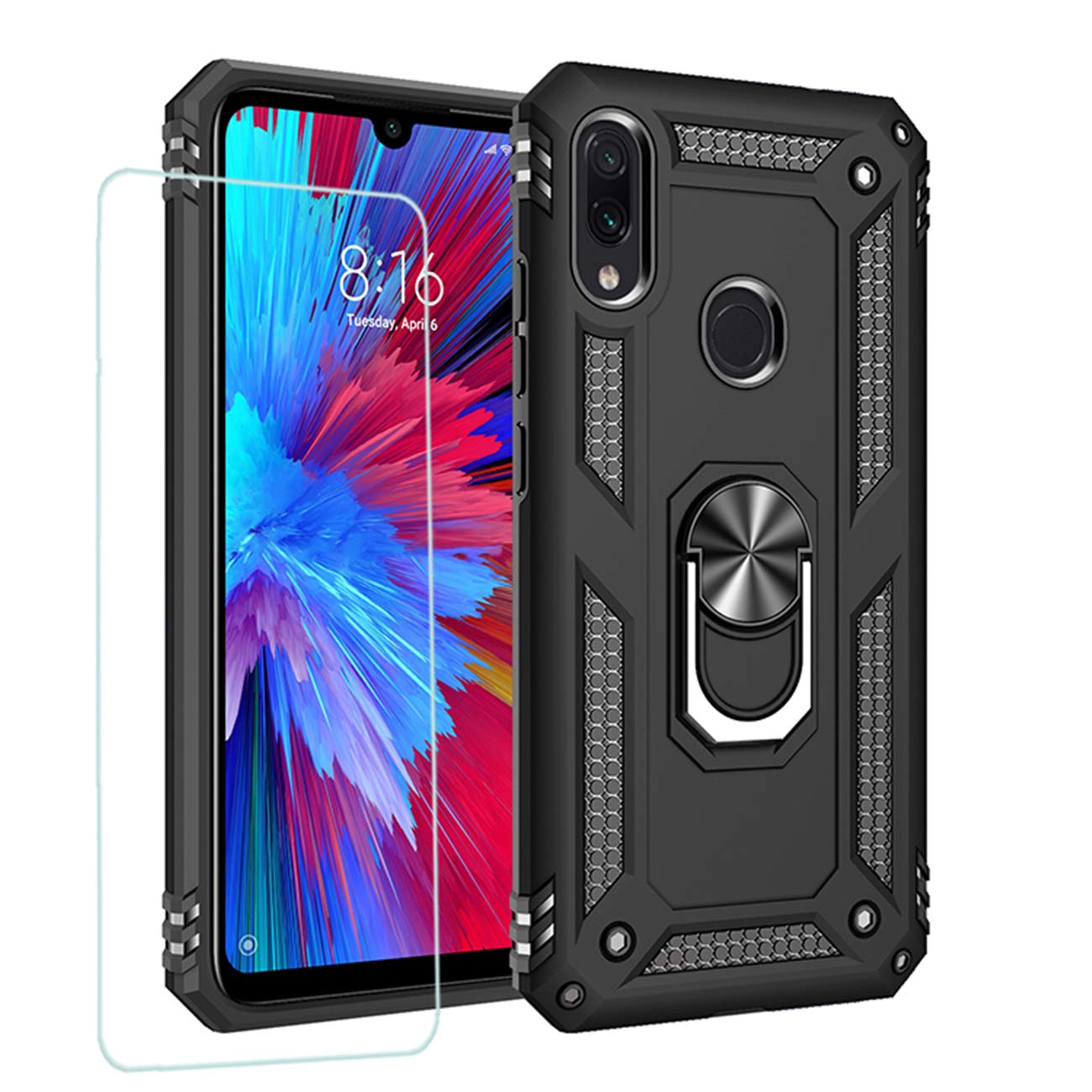 Joytag compatibles para Funda Xiaomi Redmi 9，Carcasa +Cristal Templado Silicona TPU 360 Grados Anillo Giratorio magnético Soporte Caja del teléfono del Coche-Negro — view 33