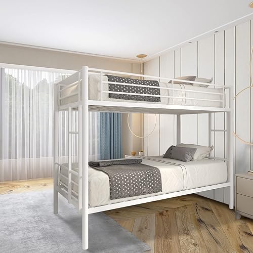 Miniatura 17 de GNIXUU Literas de tamaño individual sobre matrimonial, marco de literas bajas de metal resistente con barandilla de seguridad y escalera para