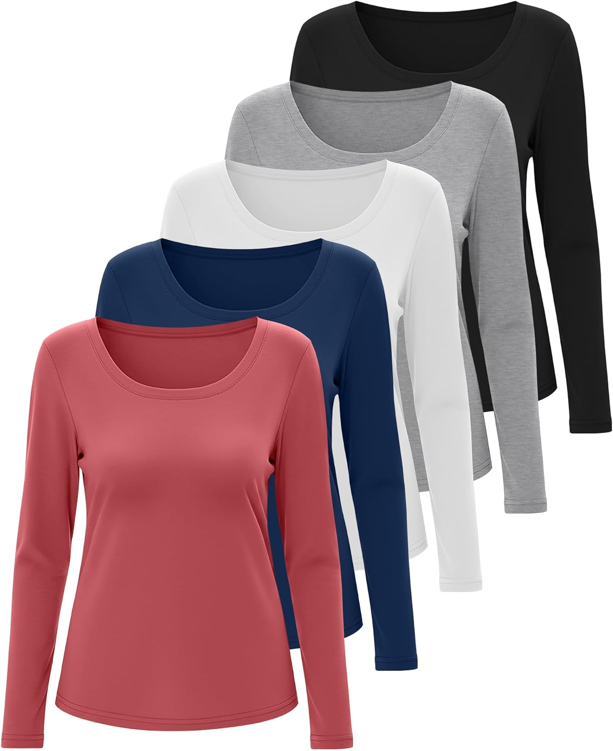 5 Pack Women's Long Sleeve Shirts Scoop Neck Tops Loose Fit Tshirt Pullover Undershirt Basic Fall Layer Casual Tee - Image 2