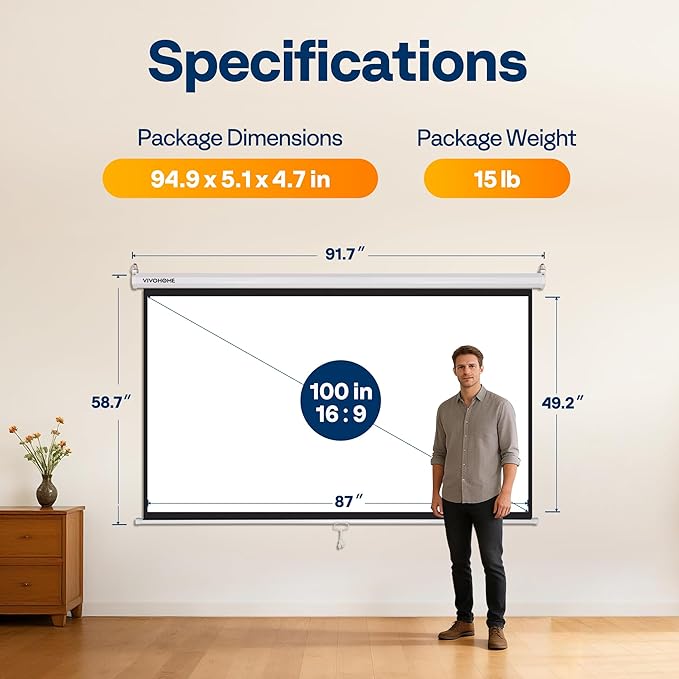 VIVOHOME Pantalla Manual 100 pulgadas 16:9 Proyector HD 4K miniatura 8