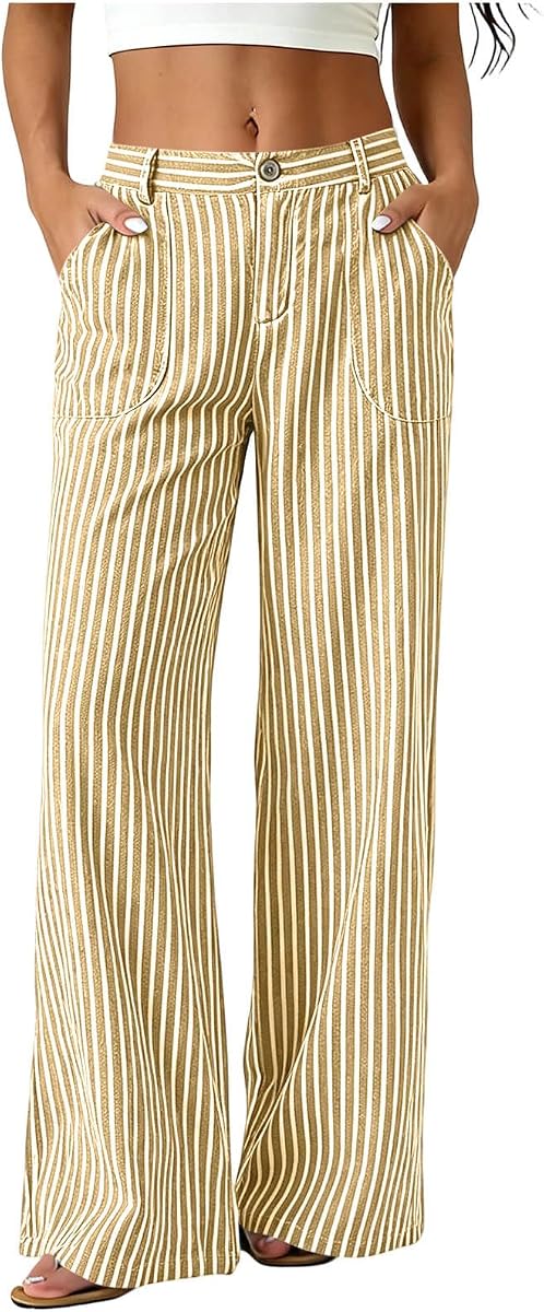 Fashion Striped Linen Pants for Women High Waisted Straight Leg Palazzo Trousers Casual Wide Leg Pant with Pockets