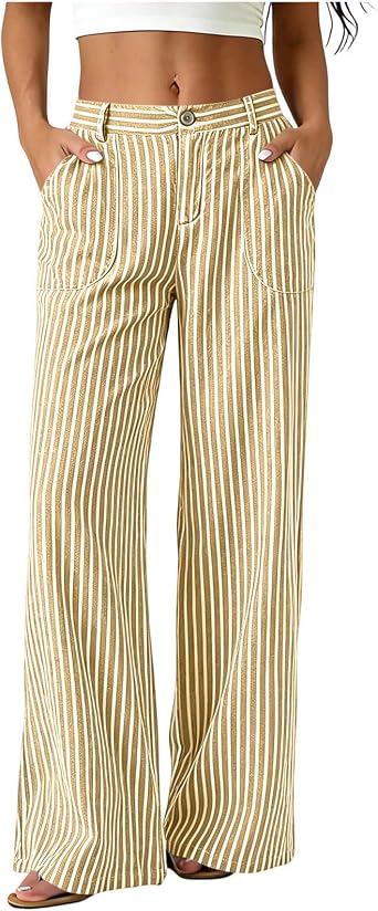 Wkishenl Fashion Striped Linen Pants for Women High Waisted Straight Leg Palazzo Trousers Casual Wide Leg Pant with Pockets