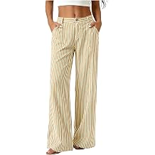 Wkishenl Fashion Striped Linen Pants for Women High Waisted Straight Leg Palazzo Trousers Casual Wide Leg Pant with Pockets