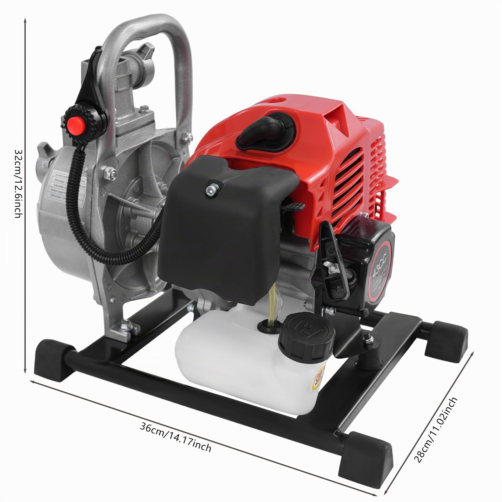 motobomba de agua a gasolina 1,7 CV con motor de 2 tiempos de 1,25 kW, bomba de agua sucia, altura de extracción 30 m, caudal de 10.000 L/H, bomba de alta presión para drenaje/transporte de agua