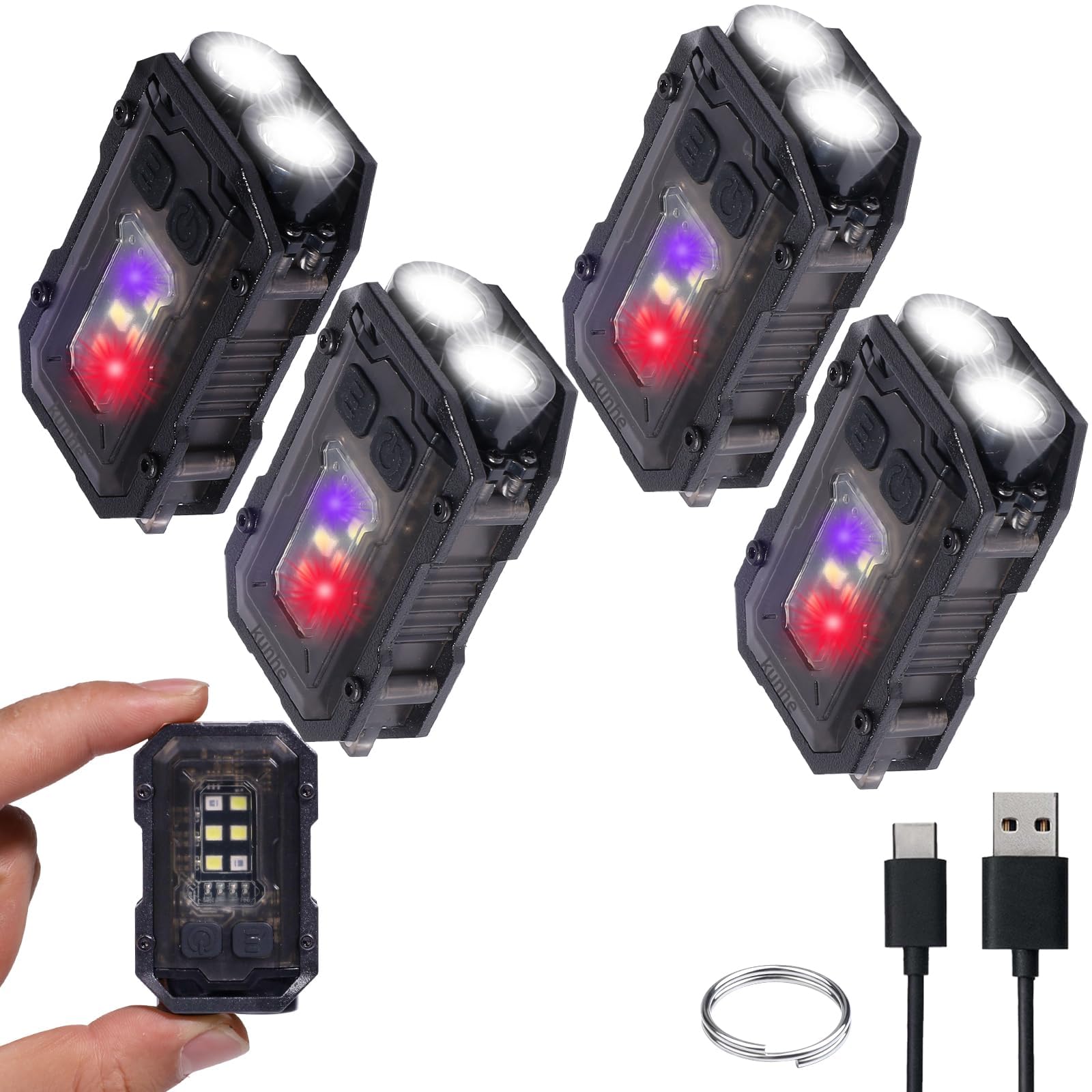 KunHe 4 Pack Mini Keychain Flashlight Pack with Clip High Lumen USB-C Rechargeable with COB Side Light Keychain Light 8 Modes Suitable for Night Work
