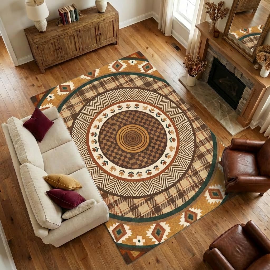Southwest Bohemian Retro 5x7 Area Rug,Earth Tone Brown,Non-Slip Machine Washable Rug for Living Room, Dining Room, Bedroom, Kids Room, Nursery