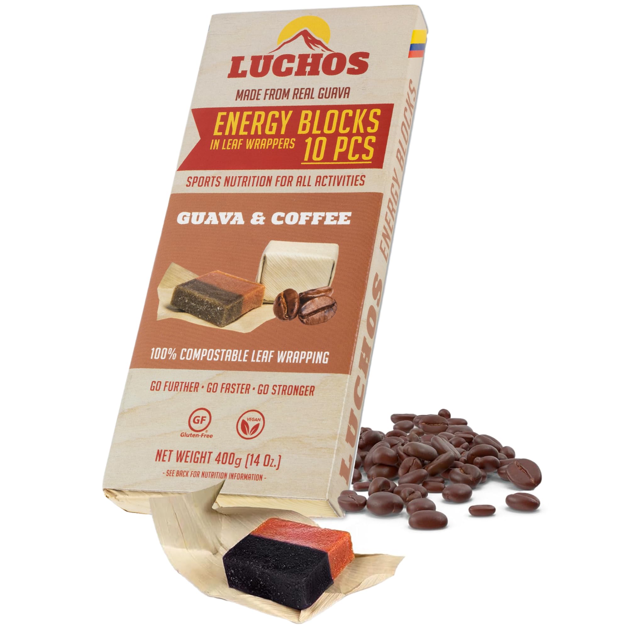 LUCHOS Natural Energy Bars Blocks for Running, Hiking, Cycling, Sports Nutrition, Healthy Snacks, High Carb, Protein, Vegan and Gluten Free, Guava and Coffee, 10 Pieces