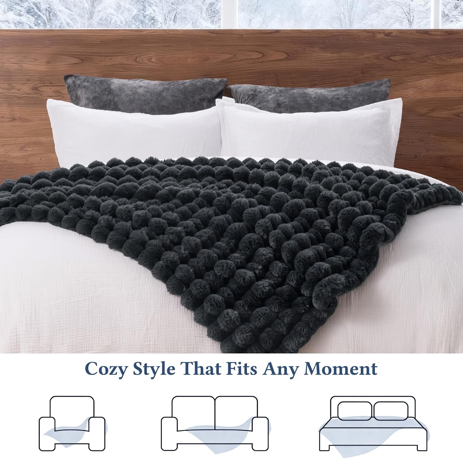 David's Home Reversible Faux Rabbit Fur Throw Blanket, Luxury Soft Thick Shaggy Warm Fuzzy Bubble for Couch, Bed, Cozy Plush Fluffy Decor for Fall Winter,Black Oyster,50 "* 60" - Image 8