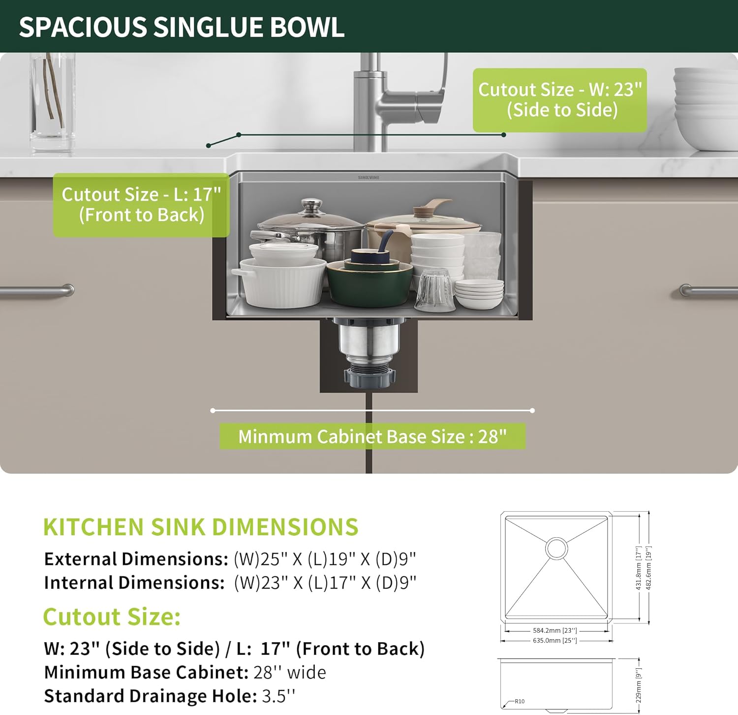 25-inch Undermount Kitchen Sink Workstation, SINKVINE 25x19 Outdoor Sink BBQ, Stainless Steel Single Bowl Basin w/Drain Strainer, Bottom Grid, Roll-up Drying Unit, Wood Cutting Board, Deep Colander