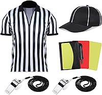 Vista 1 de Wettarn Conjunto de disfraz oficial de árbitro para hombre, camisa de árbitro, sombrero de árbitro, silbato con cordón, tarjetas de bandera