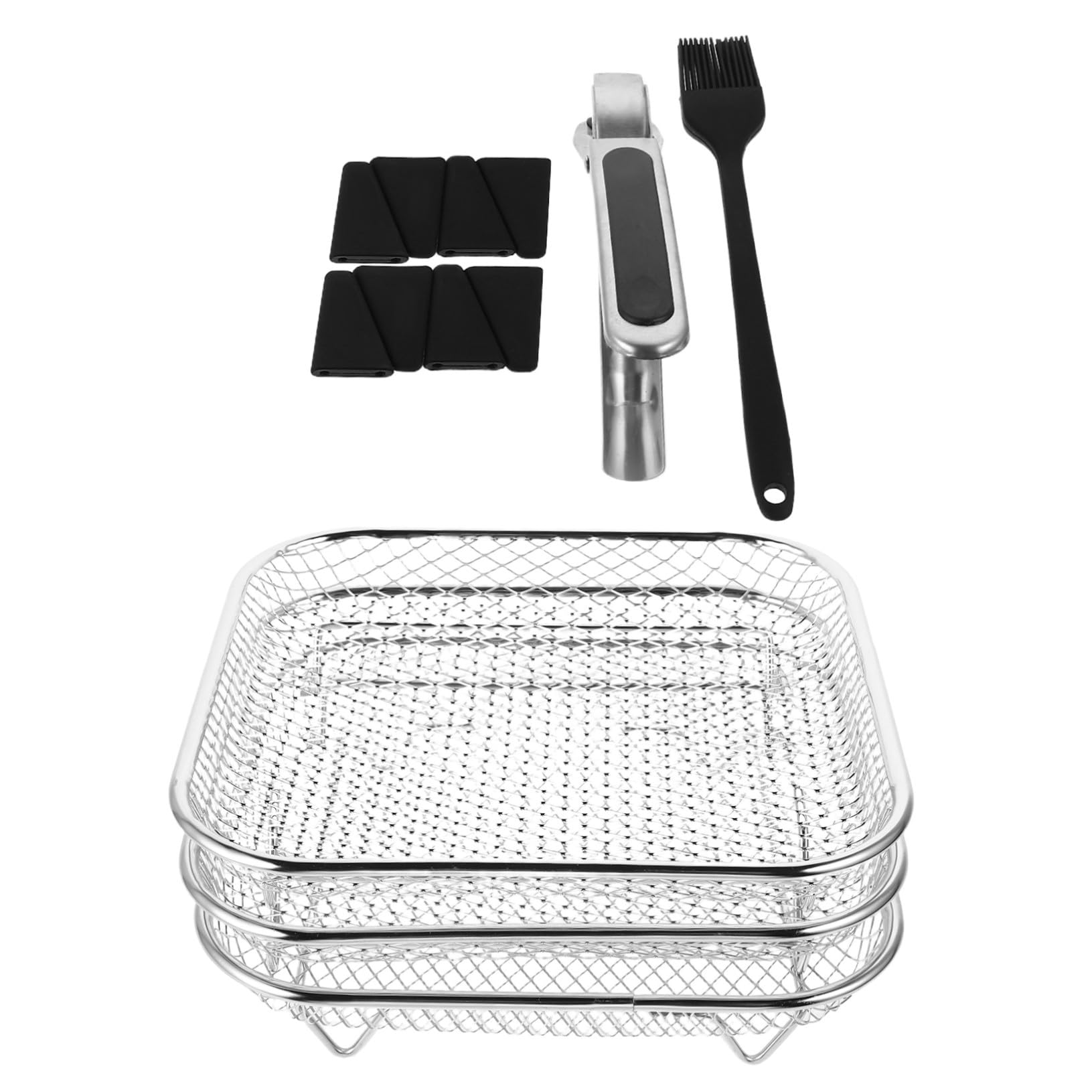 Rack Carré Empilable pour Friteuse à Air Inox Support Polyvalent pour Gril Déshydratation Cuisson Vapeur et Égouttage Huile Accessoires Inclus avec Pince et Brosse