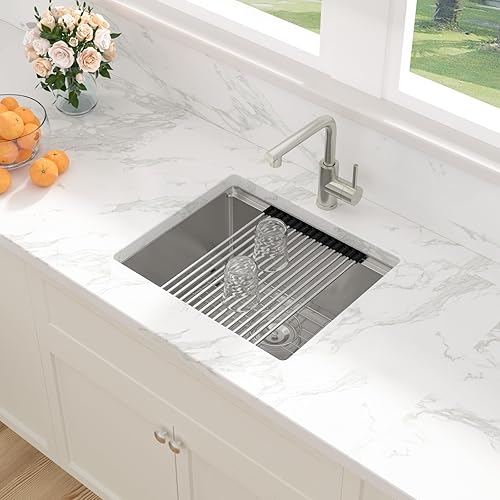 Miniatura 67 de Sarlai Fregadero de cocina de montaje inferior 21 x 19 pulgadas, repisa de fregadero de barra de montaje inferior, estación de trabajo, cuenco Acero