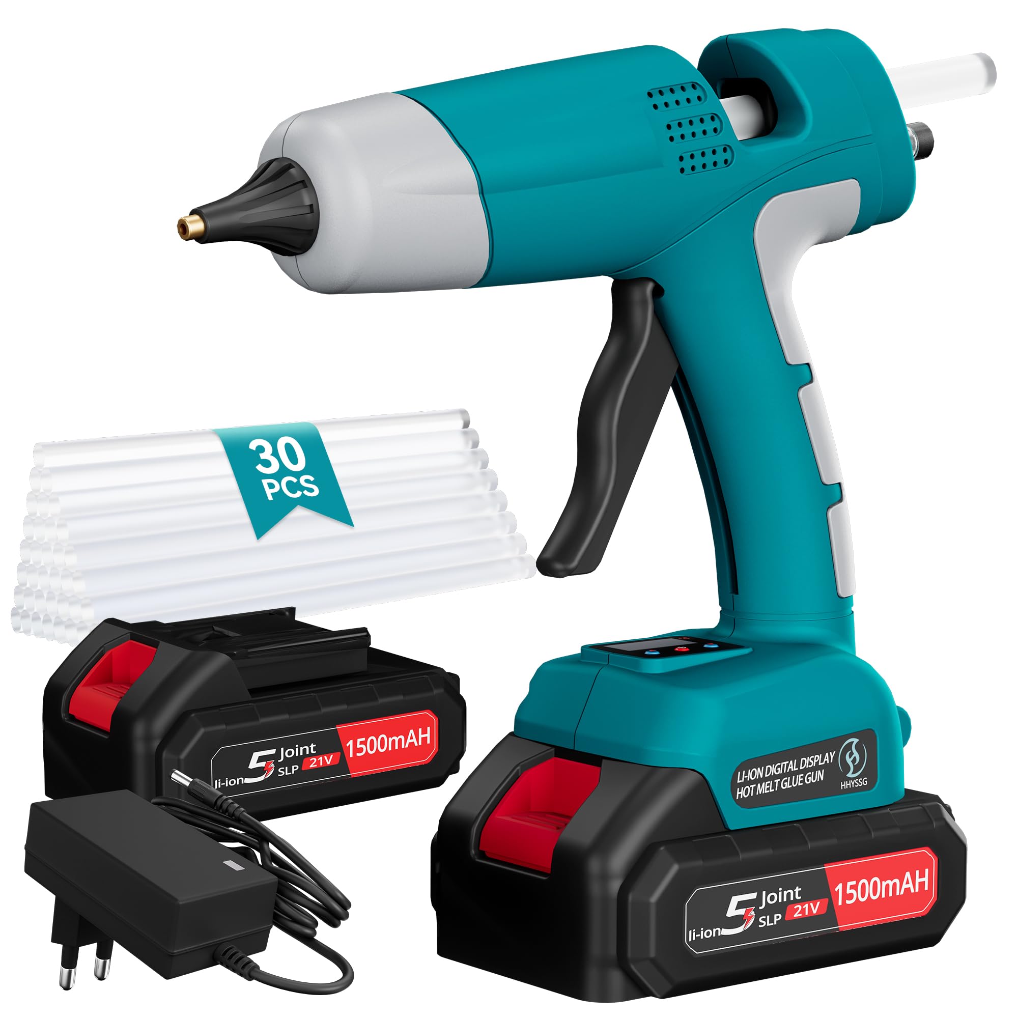HHYSSG 100W Cordless Hot Glue Gun with 21V Battery,Digital Temperature Adjustable Handheld Electric Power Full Size Heavy Duty Hot Glue Gun for Art DIY Craft Home Repair School