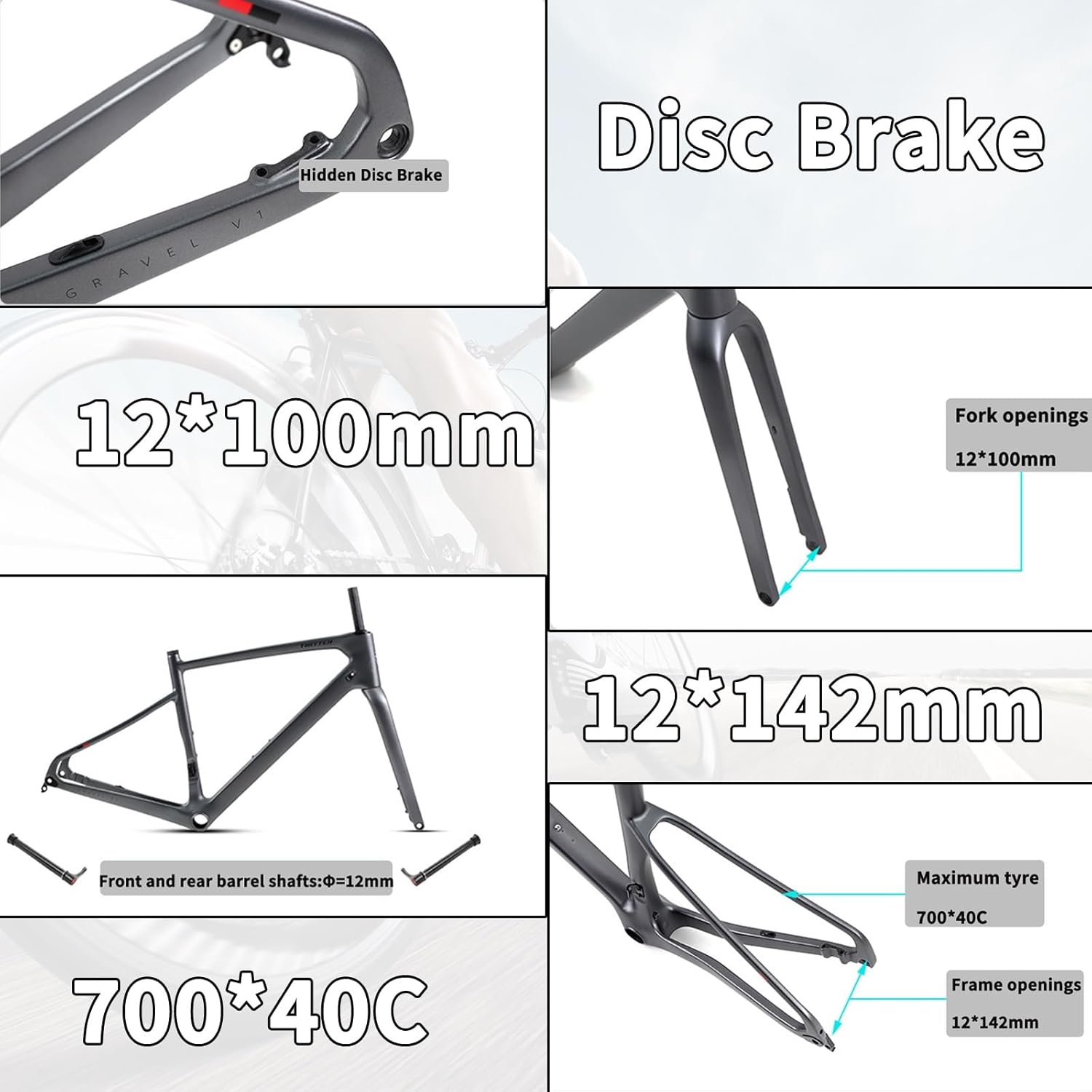 Carbon Road Bike Frameset 700C Gravel Bike Frameset 45CM/48CM/51CM/54CM Disc Brake Frame Set Thru Axle 12x100mm/12x142mm Internal Routing with Fork