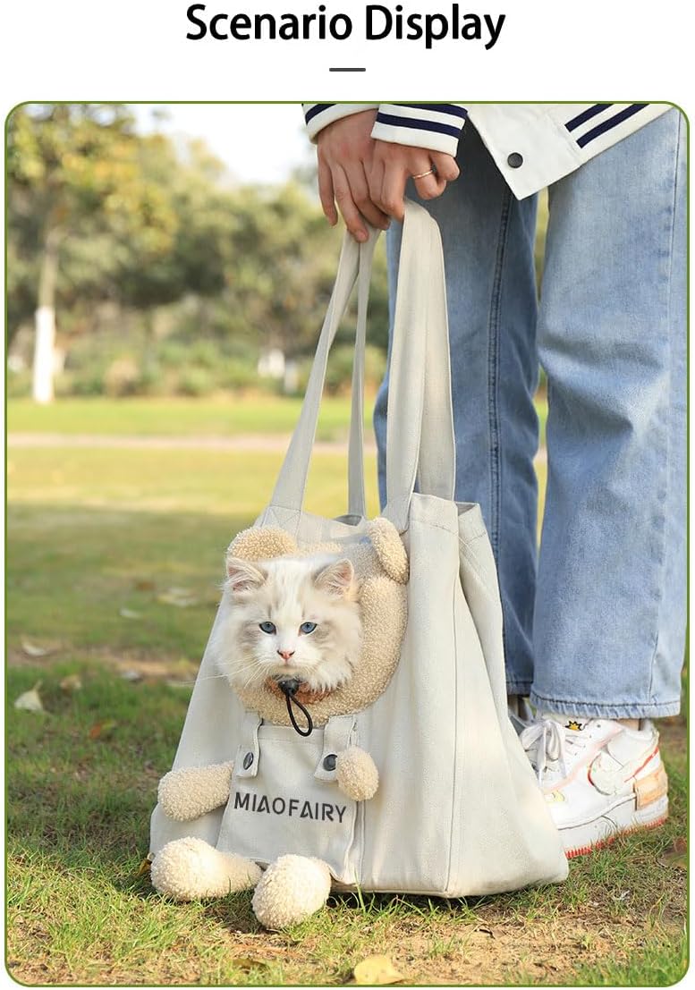 Pet Canvas Shoulder Carrying Bag, Cute Bear Shaped Cat Carrier, Portable Kitten & Puppy Tote, Shoulder Bag for Small Dogs, Cats, and Pets,Foldable Breathable pet Bag（Light Gray）