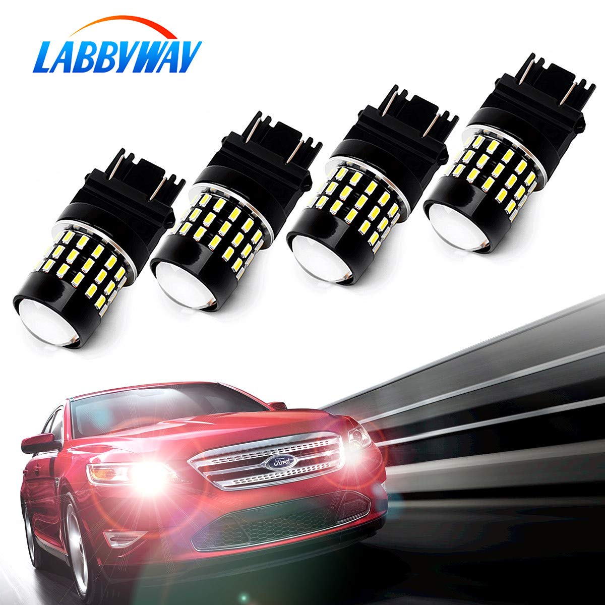 LABBYWAY Pack of 4 1000 Lumens Super Bright 3014 54-EX Chipsets 3056 3156 3057 3157 4157 LED Bulbs with Projector for Reverse Back Up Lights DRL Turn Signal Lights Tail Brake Lights, Xenon White