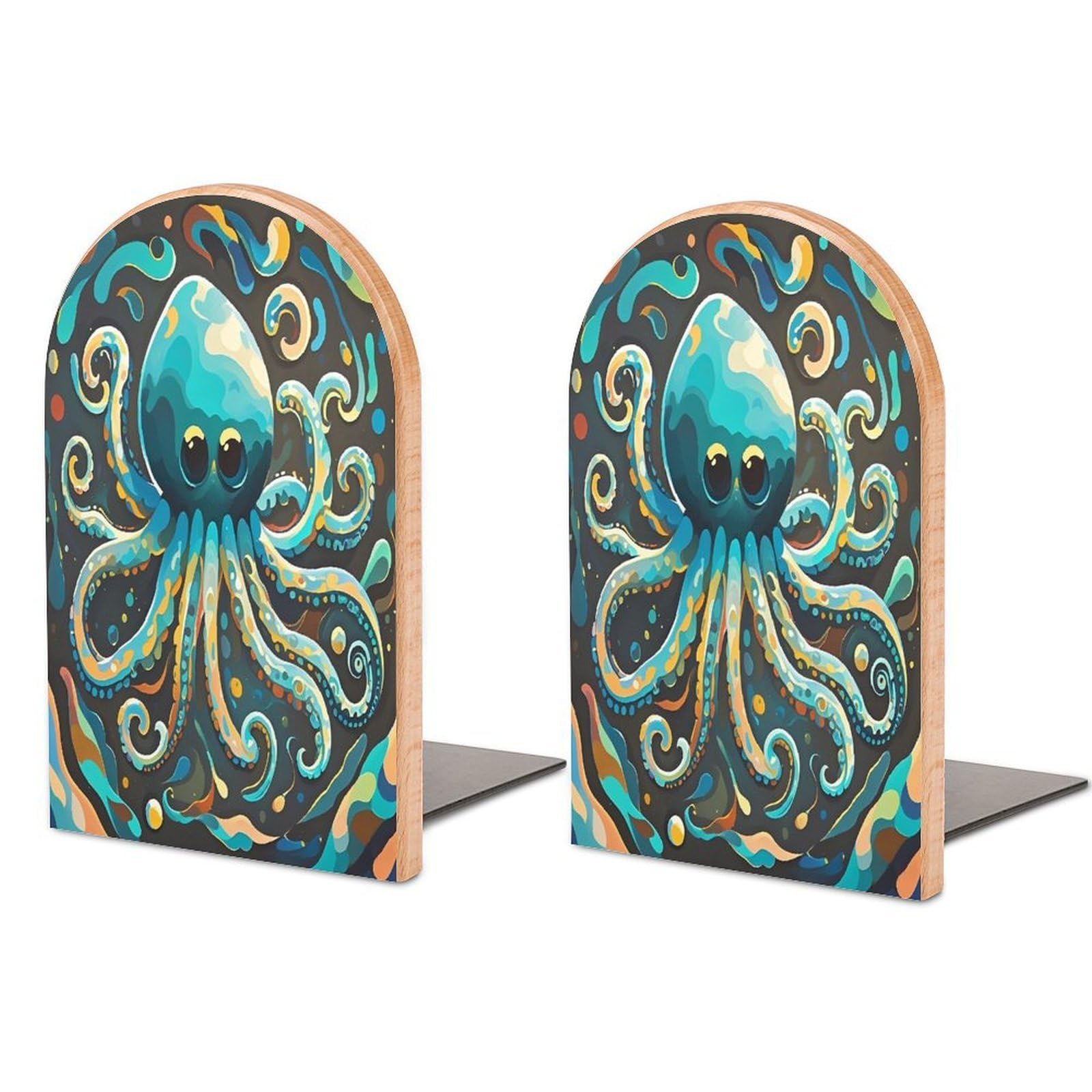 Abstract Octopus Book Ends Wood Non-Skid Bookend for Shelves Heavy Duty Bookends with Metal Base Decorative Books Stopper Desk Organizers Book Dividers for Office Home 1 Pair