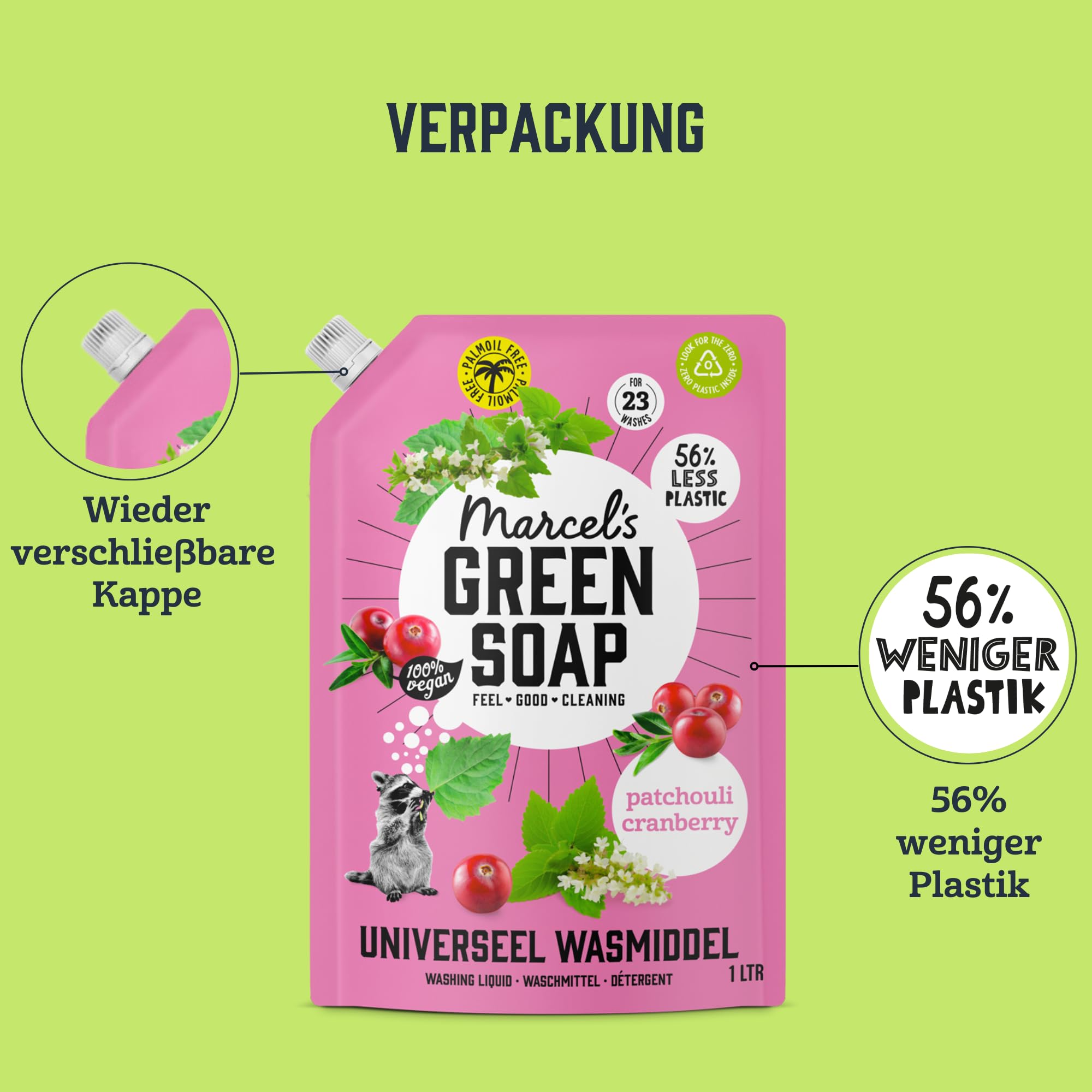 Marcel's Green Soap Universalwaschmittel Nachfüllbeutel Patschuli & Cranberry - Nachfüllpackung - Weiße und bunte Wäsche - Vegan - Mikroplastikfreie Formel - 92 Waschgänge - 1L (4er Pack)