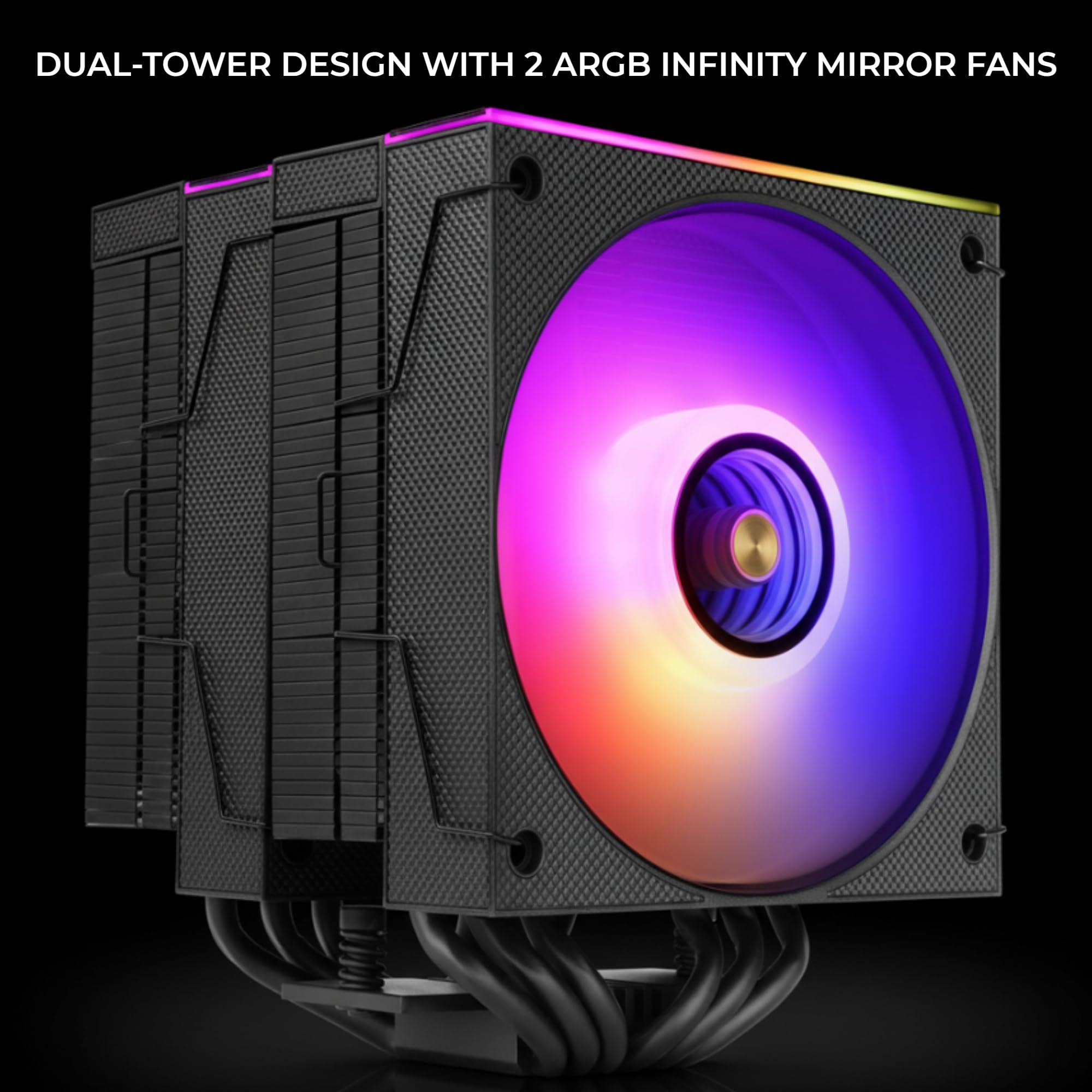 Mars Gaming MCPU-X26, Chłodzenie CPU Dual Tower 350W TDP, 2x Wentylatory 120mm ARGB Infinity Mirror, 6 Heatpipes HCT, Miedziane Jądro, Łożyska FDB, Tryb Cichy, Intel LGA i AMD, Czarny