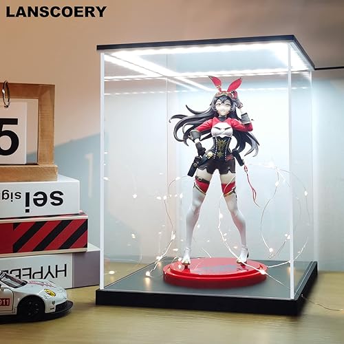 Miniatura 9 de LANSCOERY Vitrina de acrílico transparente con luz, soporte vertical para caja de exhibición con base negra, escaparate de protección a prueba de