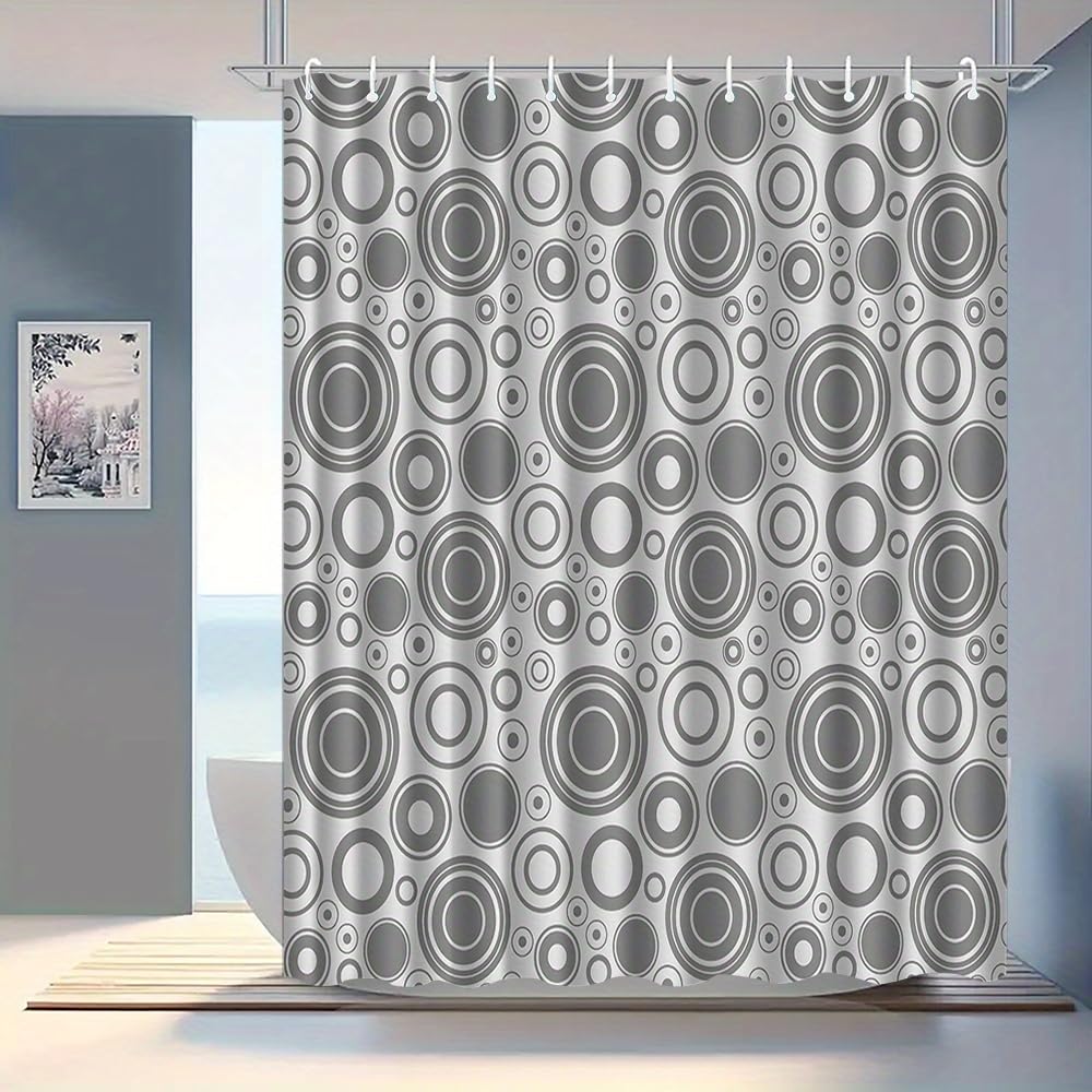 Tenda da doccia grigia rotonda con motivo geometrico e gancio,tenda da doccia lavabile,divisorio per bagno,accessori per il bagno,(240x198 cm/94x78 pollici(LxA)