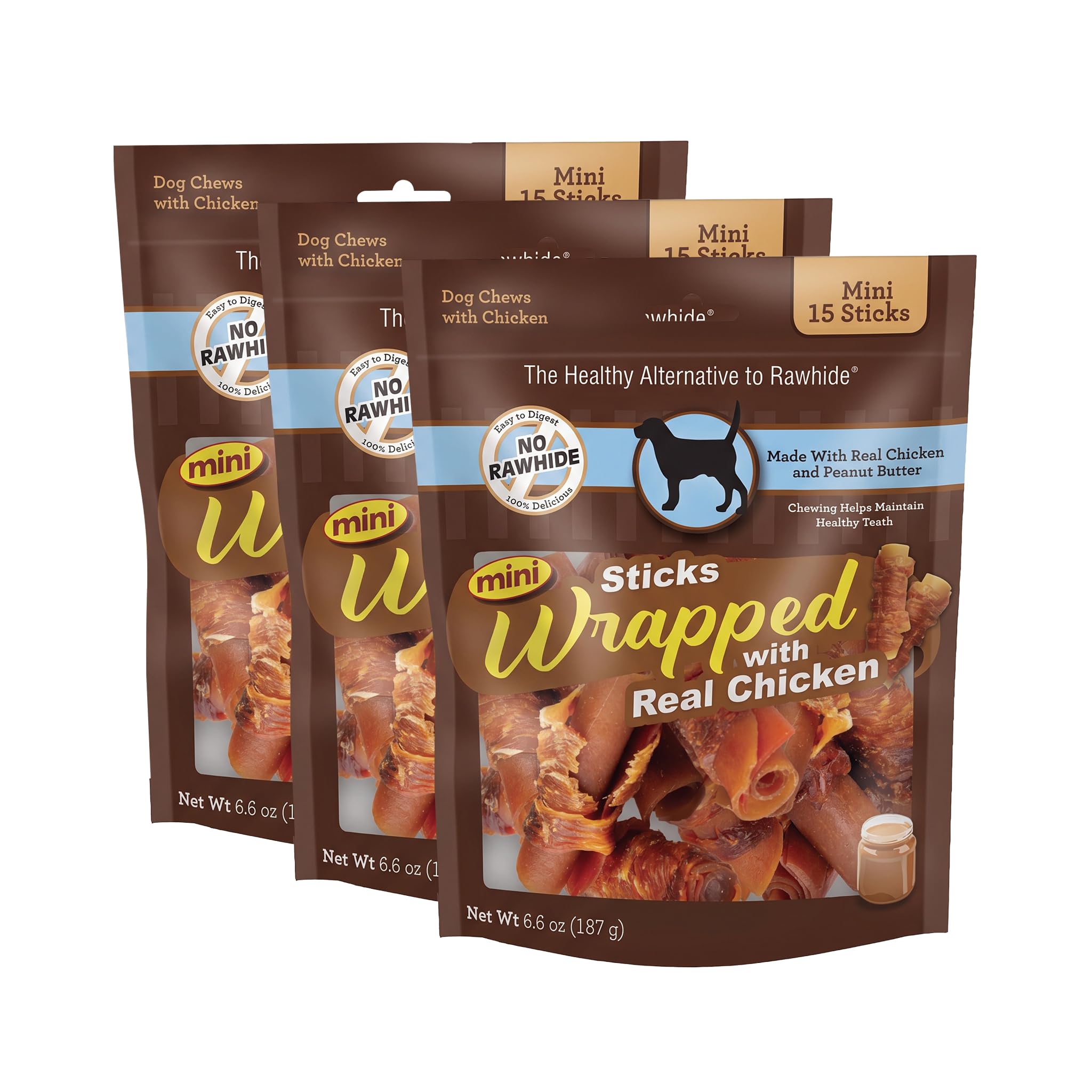 SmartBones Mini Chicken-Wrapped Sticks for Dogs with Real Peanut Butter, Rawhide-Free Dog Chew, 15 Count (Pack of 3)