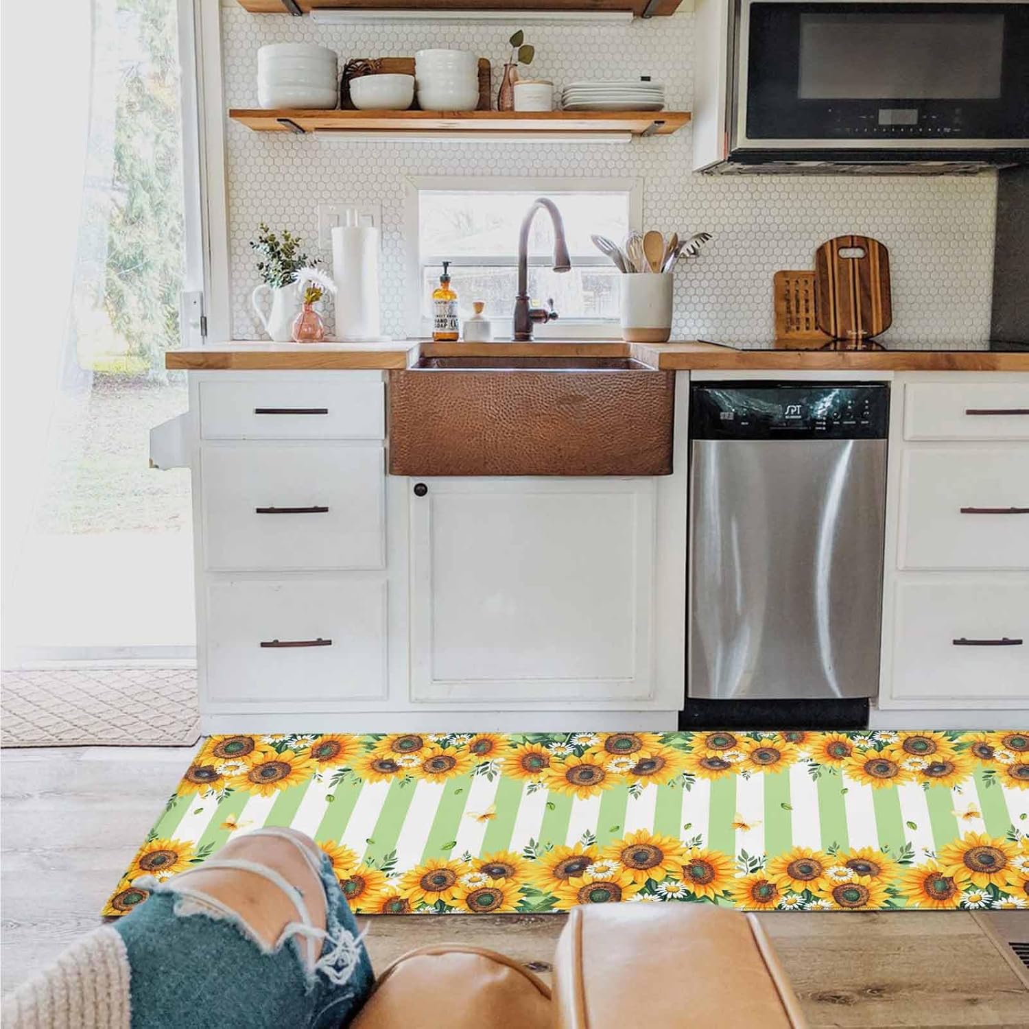 2 Pieces Kitchen Rugs and Mats,Summer Sunflower Daisy Leaf Area Runner Rug Set Non Slip Floor Doormat Washable Carpet Standing Mat for Kitchen Sink Indoor Corridor,Rustic Butterfly Green White Stripe