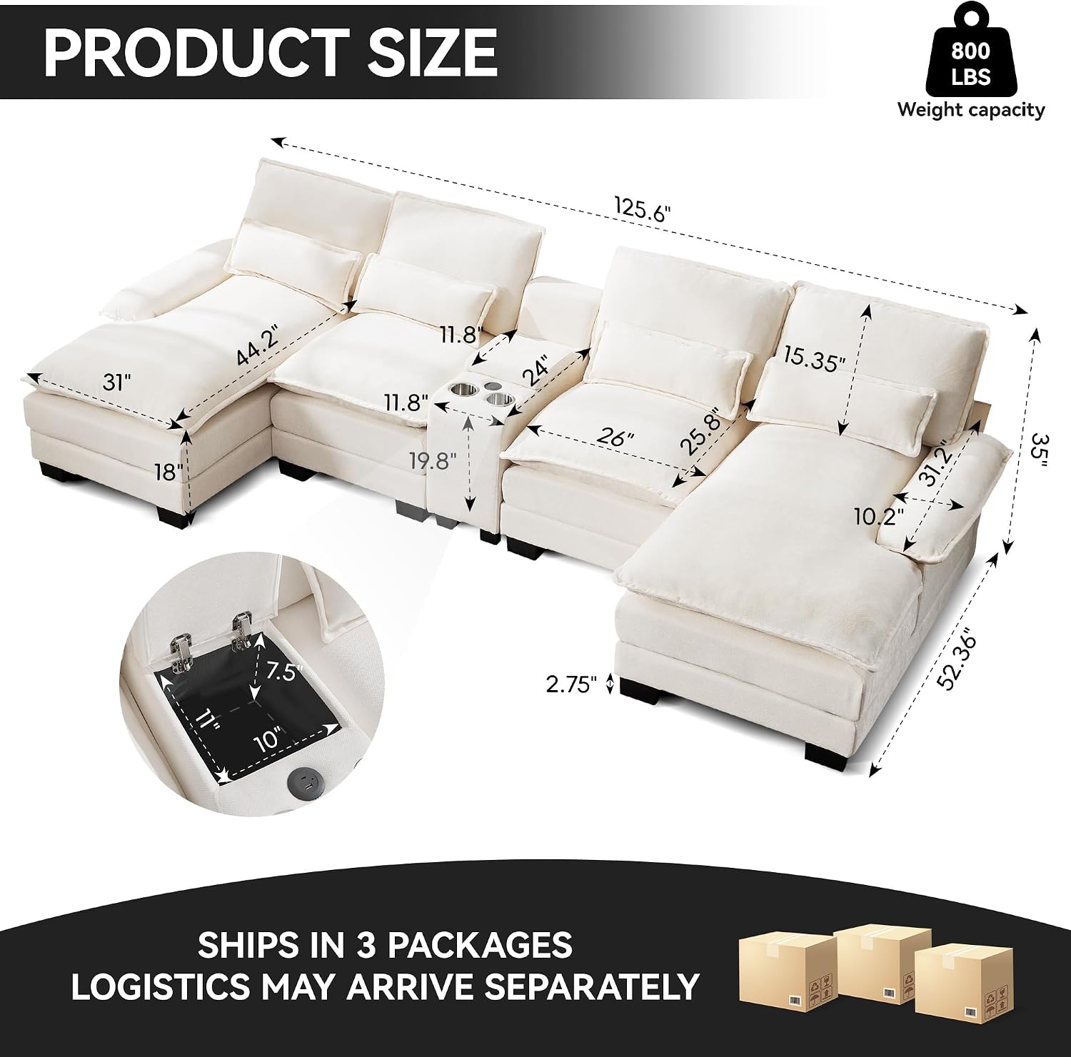125" U-Shaped Modular Sectional Sofa Double Chaise Storage Cup Holders USB Beige Chenille