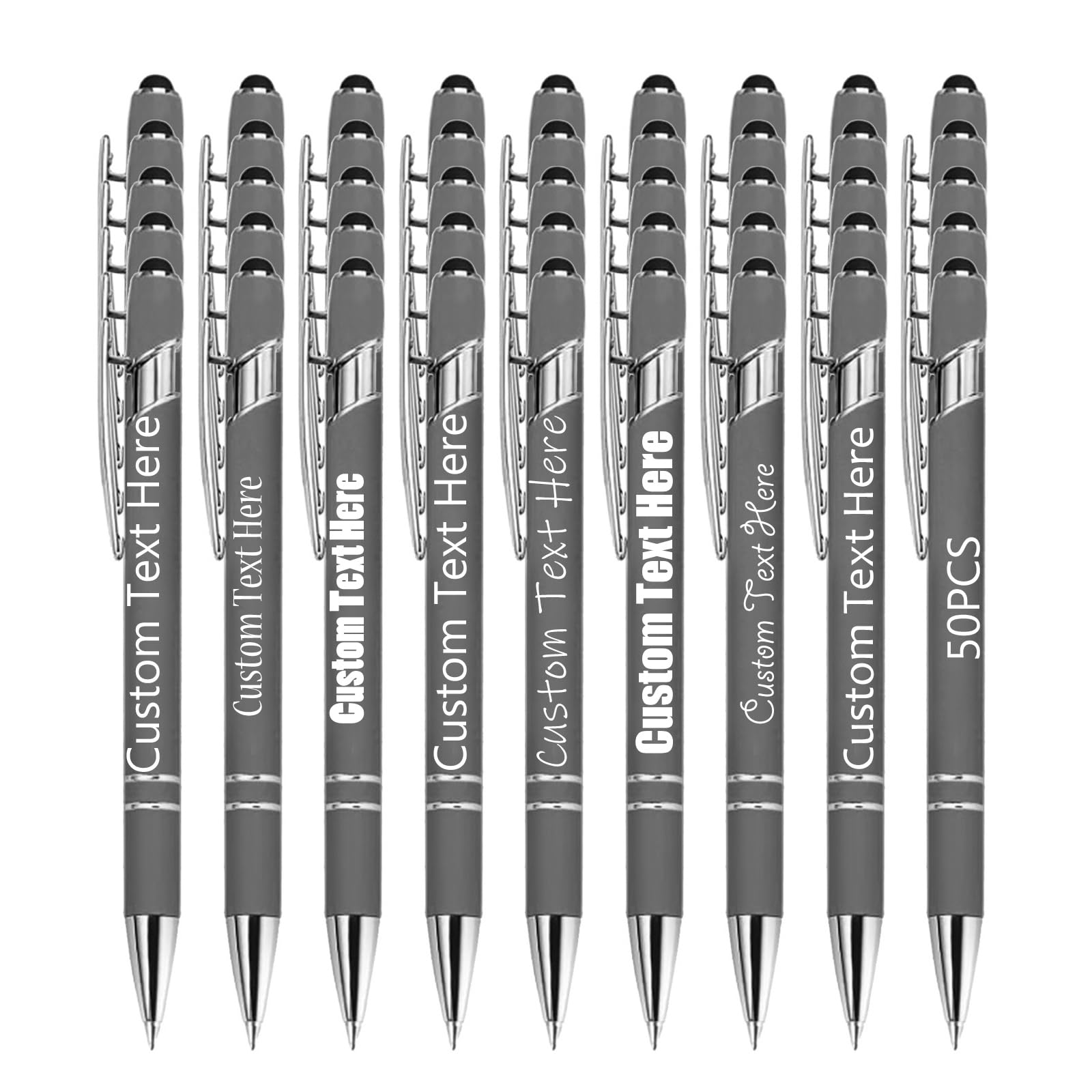 Personalised Pens Bulk Pack of 50, Custom Engraved Ballpoint Pen with Stylus Tip, Soft Touch Metal Retractable Writing Tool, Ideal Business Corporate Graduation Wedding Gifts (Grey)
