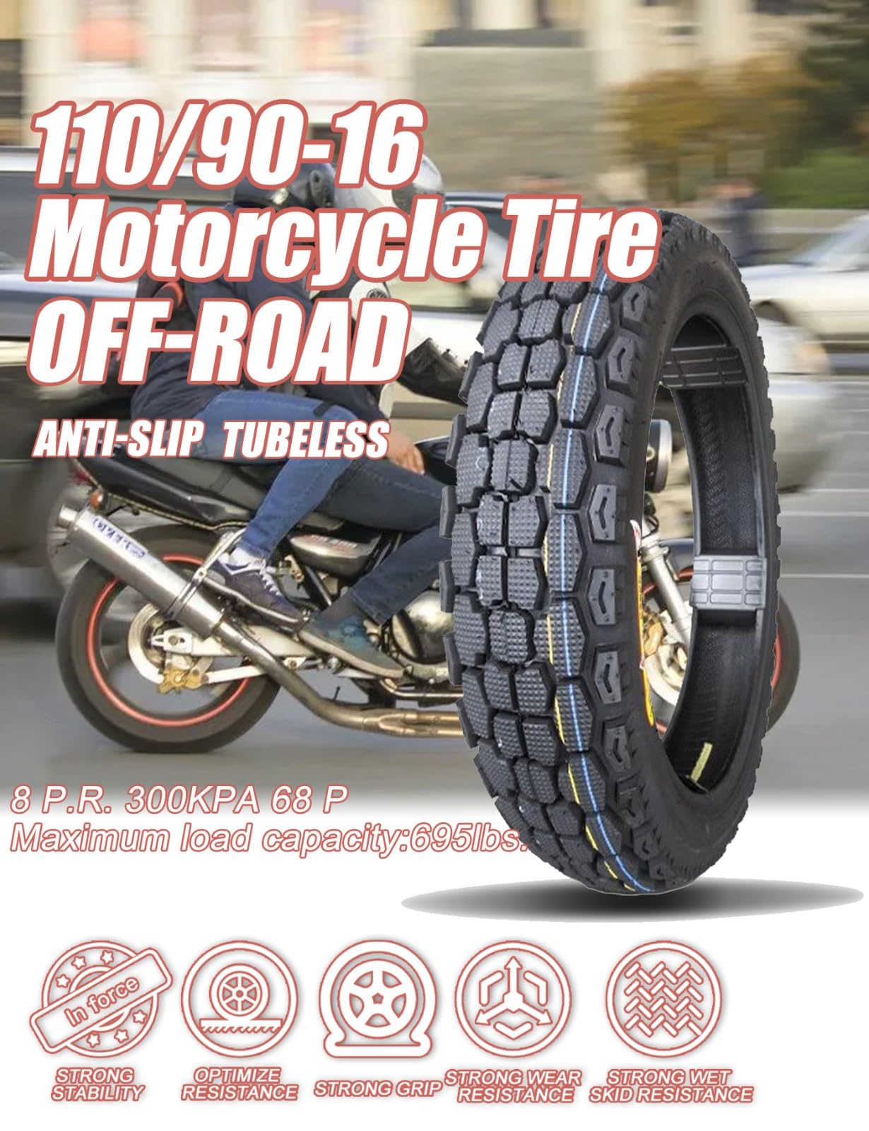 110/90-16 Opona do motocykli terenowych, 110/90/16, odporna na zużycie, 16 cali, do motocykli terenowych z przodu lub z tyłu, 8 P.R. 68P, 300 kPa