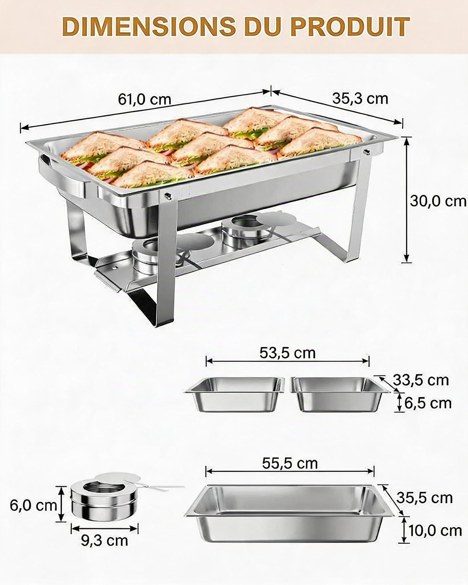 Lot de 2 Chafing Dish Buffet 9L-Plats Buffets Chauffants-Acier Inoxydable | Avec Couvercles INOX et Cadre Pliable