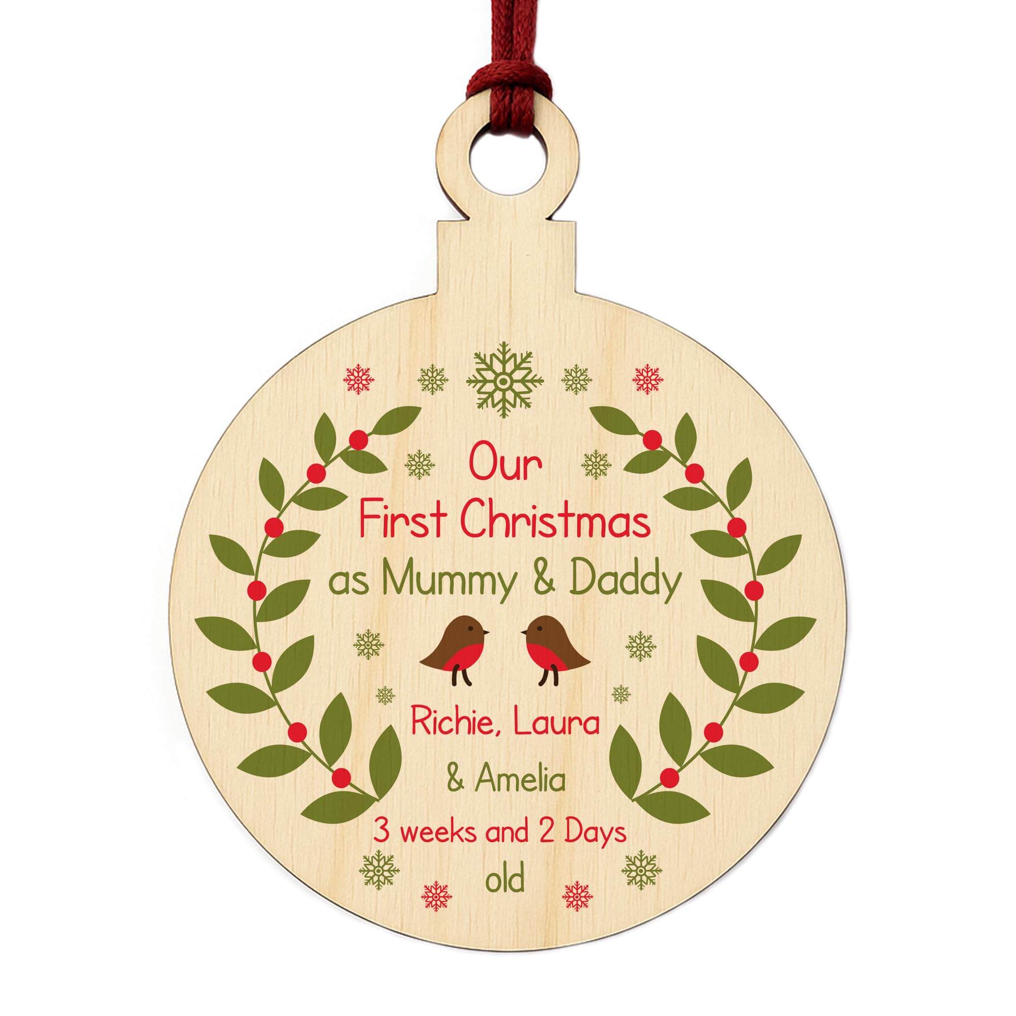 Our First Christmas Wood Christmas Bauble PERSONALISED Mummy Daddy Decor