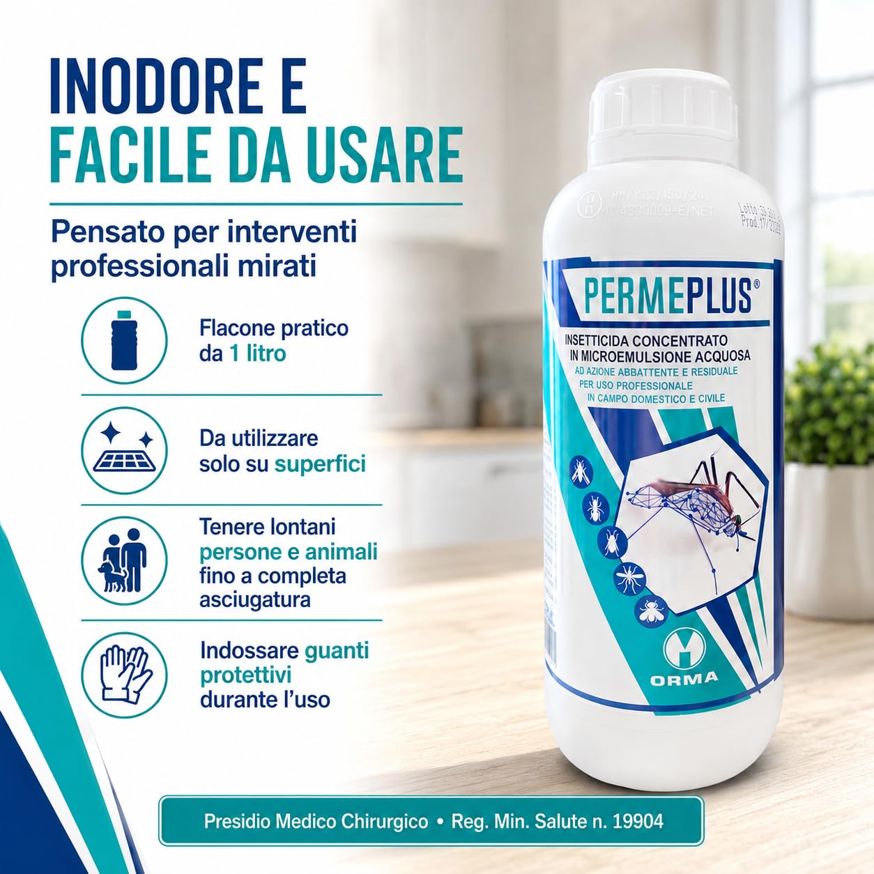ORMA PERME PLUS | 1 Litro Insetticida Concentrato Zanzare, Mosche, Insetticida Blatte in Microemulsione - Azione Snidante e Residuale - Uso Interno ed Esterno - Inodore e Facile da Usare