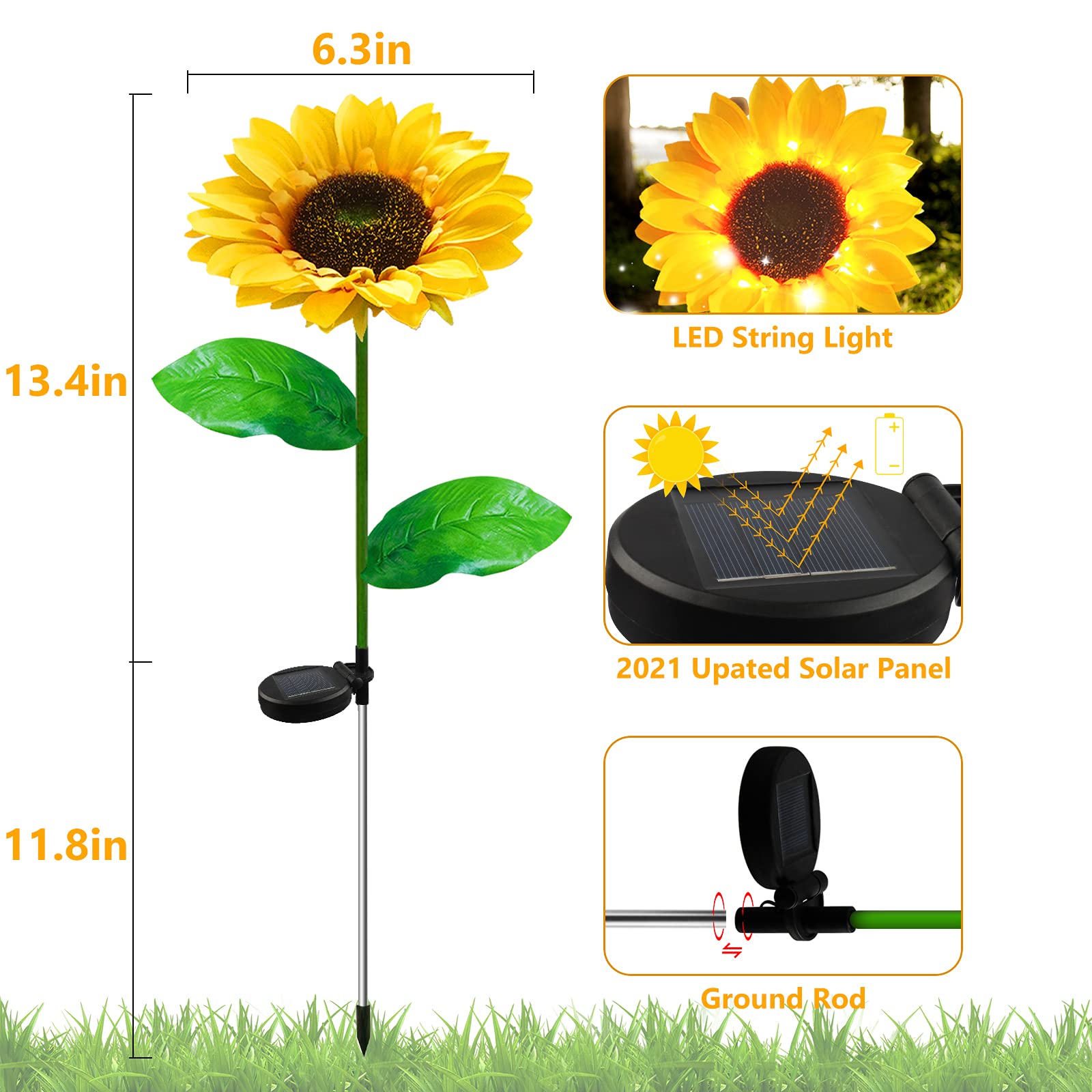 Sonnenblumen-Solarleuchten für den Außenbereich, wasserdicht, dekorative Metall-LED-Lampe, Landschaftsstrahler, Gänseblümchen, für Wege, Garten, Terrasse, Hof, Auffahrt, Pool, 2 Stück (gelb)