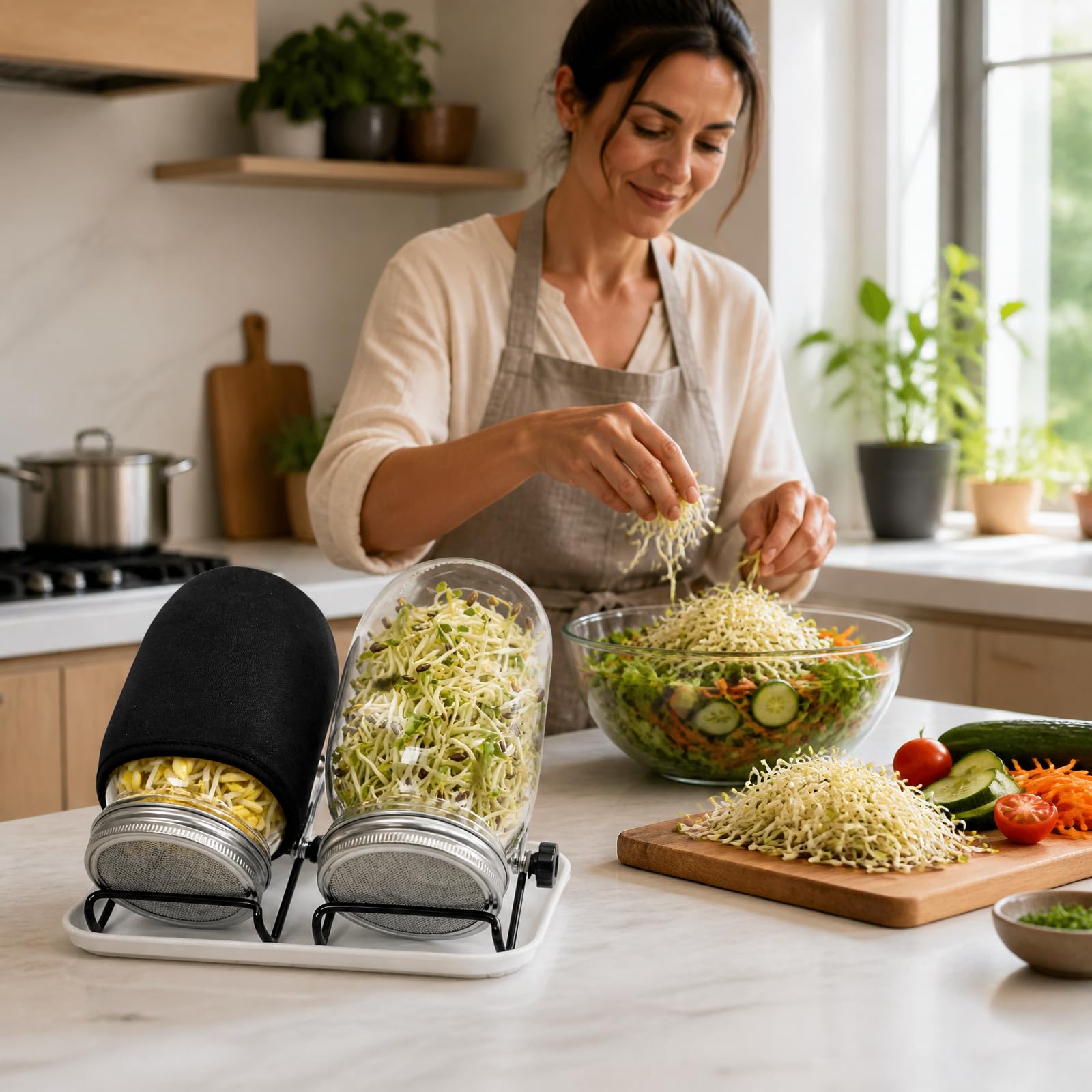 Keimglas, 2 Stück, 1000 ml Samen, Sprossenglas-Set, breite Öffnung, Einmachgläser mit Edelstahldeckel, Tablett, Ständer, Schattiertuch, Microgreens Wachstumsset für Alfalfa, Brokkoli-Samen