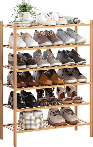 Miniatura 1 de BMOSU Zapatero de bambú de 6 niveles de alta calidad, apilable, organizador de almacenamiento para pasillo, armario, sala de estar, entrada,