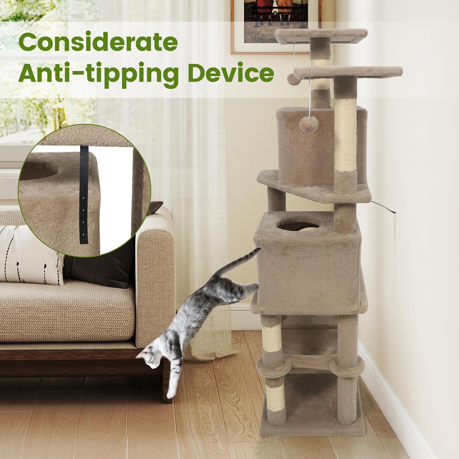 PETSITE 57-inch Modern Cat Tree, Multi-Level Cat Tower with 2 Comfy Condos, Sisal Scratching Posts, Plush Top Perch, Snug Hammock, and Dangling Balls, Ideal for Indoor Cats and Kittens (Coffee)