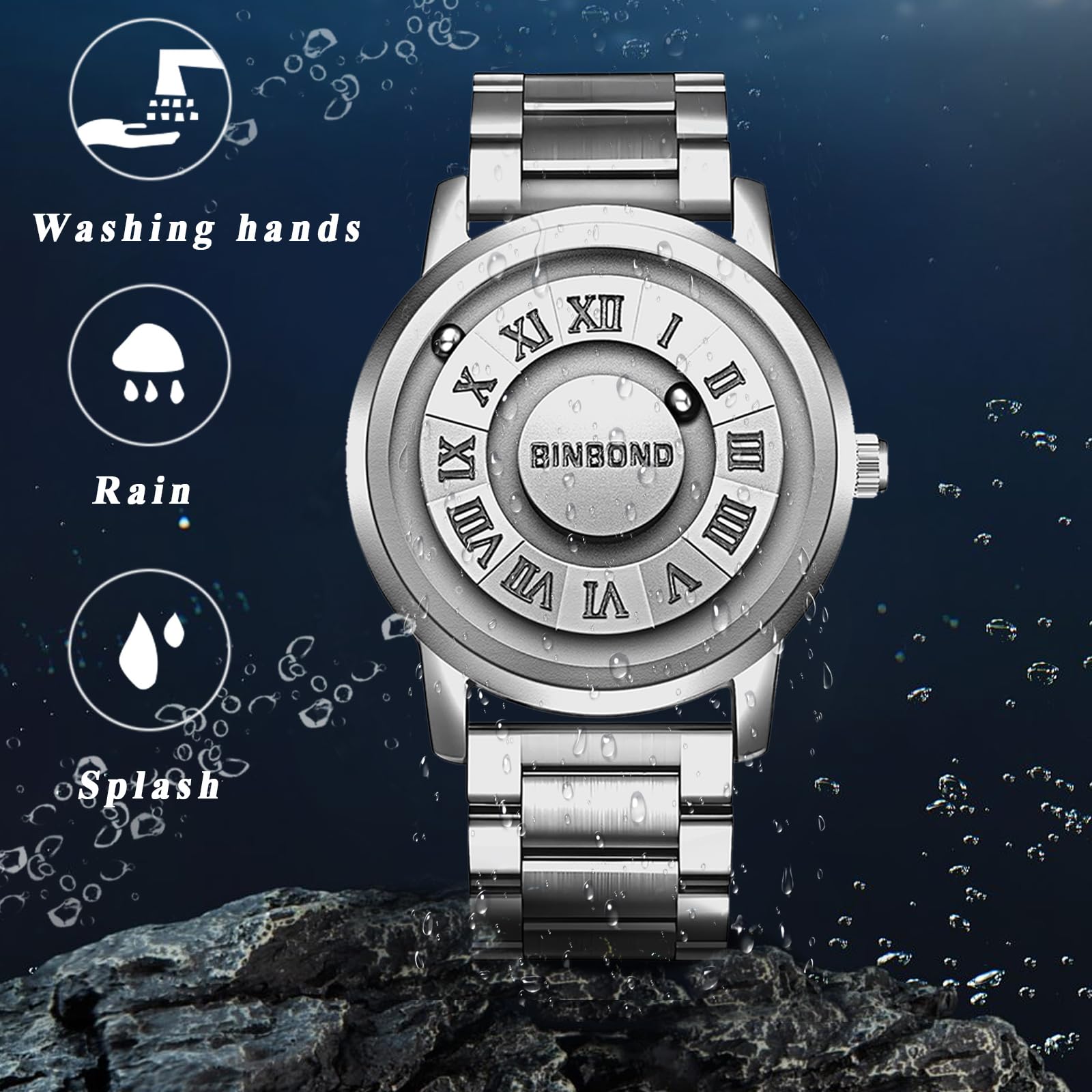 JewelryWe Herrenuhr Edelstahl Magnet Uhr Kein Glas Kugellager Analog Quarz 30m Wasserdicht Armbanduhr Herren Edelstahlarmband Spiegellose Magnetschwebe-Kugeluhr mit Römische Ziffern