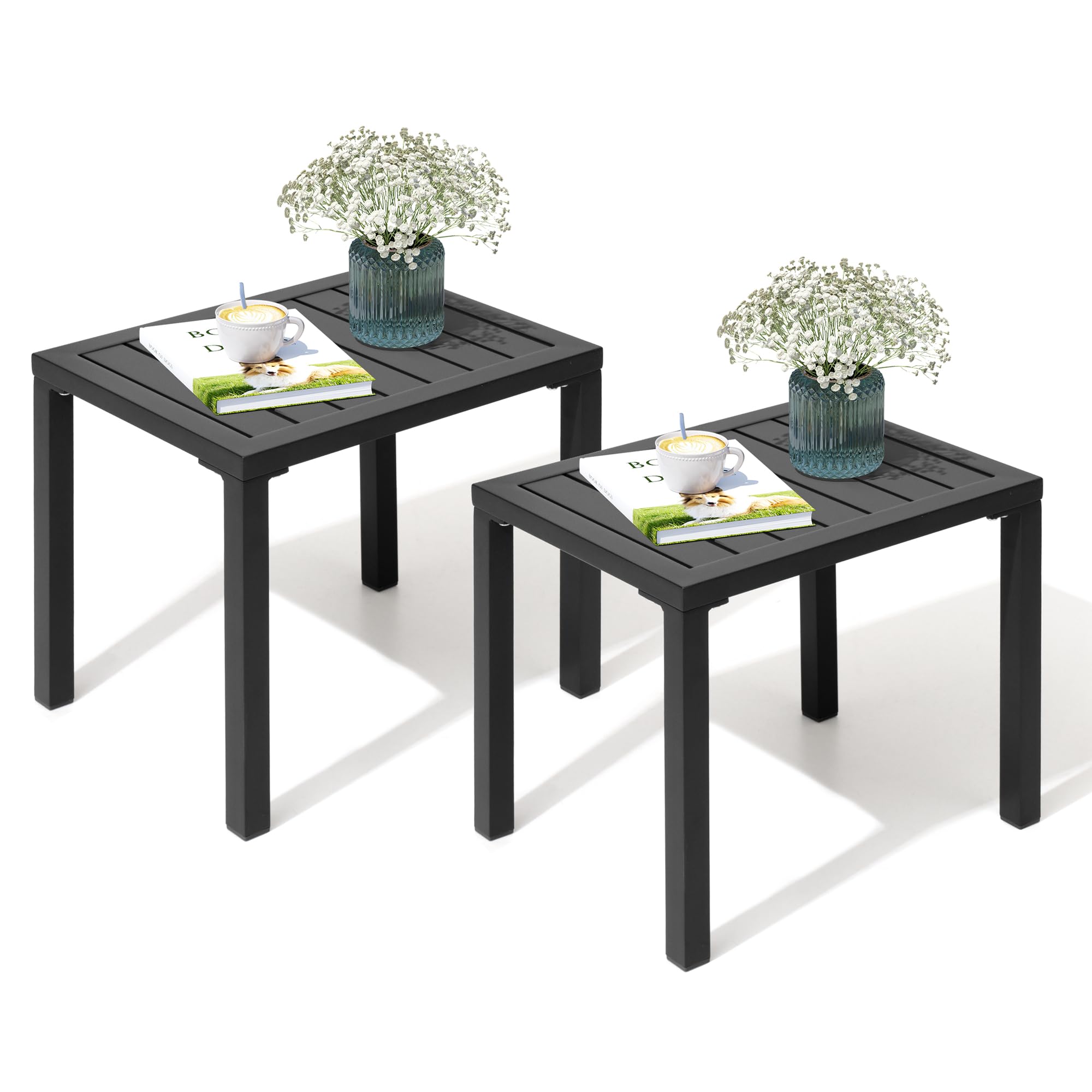 Crestlive Products Outdoor Side Table Set of 2, Aluminum Rectangular Side/End Table, Small Patio Coffee Bistro Table for Outdoor Indoor (Black)