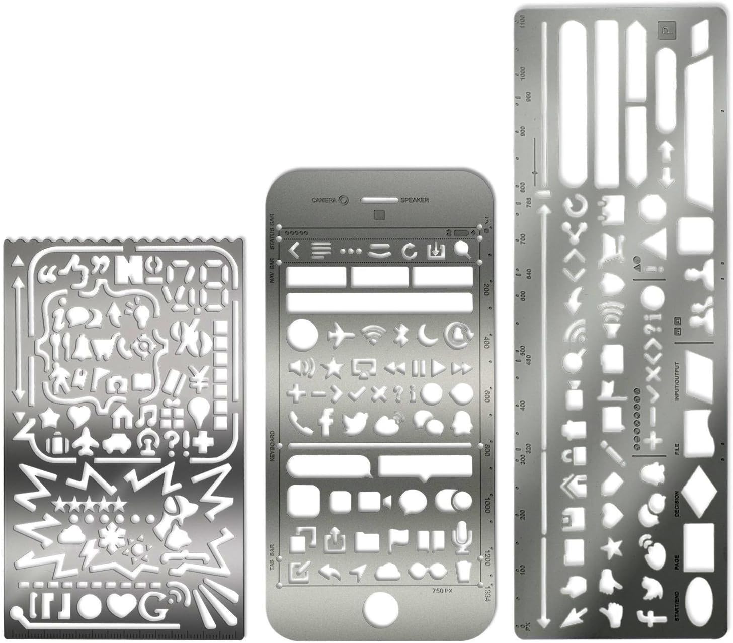 TouchLife Set of 3 Stainless Steel Portable Drawing Graffiti Web UI/IOS/Number Alphabet Template Ruler Stencils