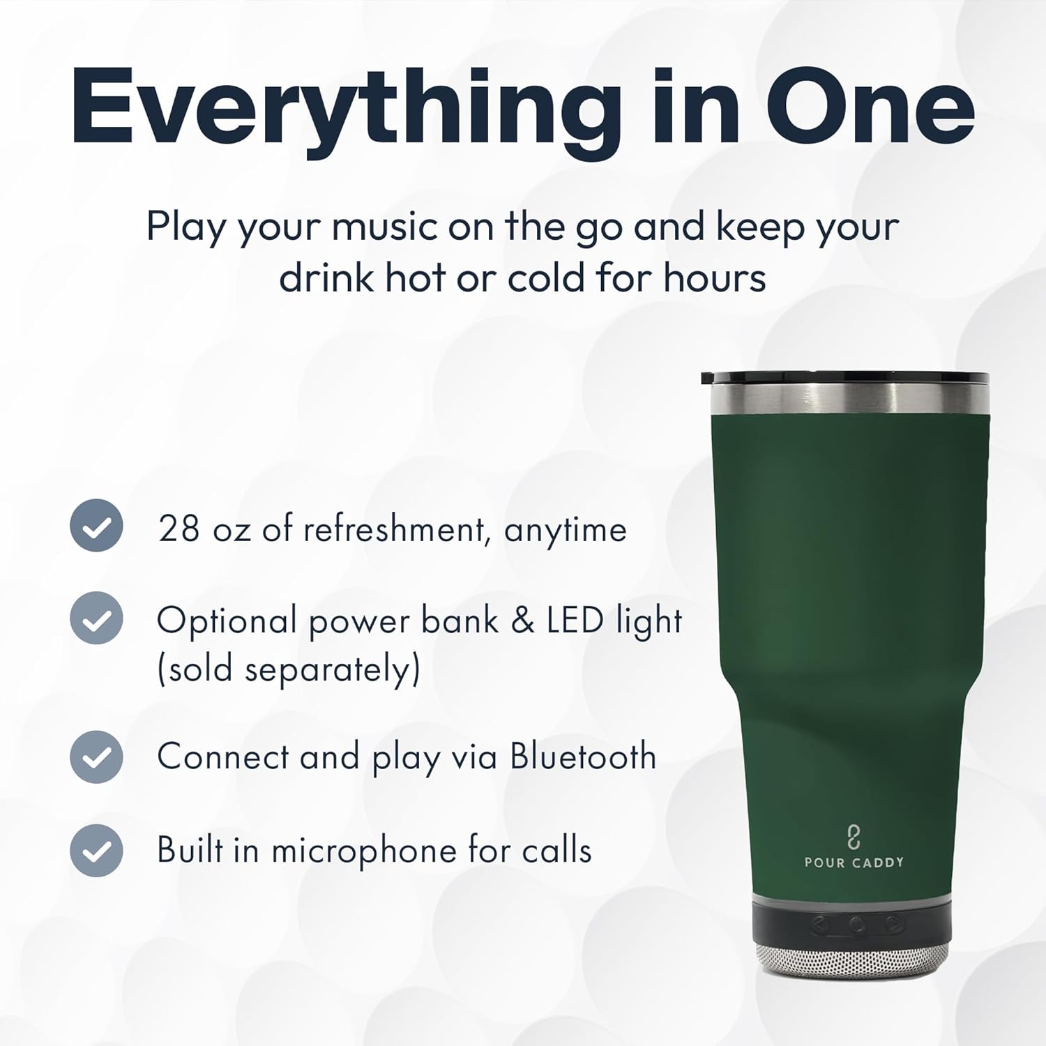 Go Caddy 28 oz Tumbler with Bluetooth Speaker, Insulated Stainless Steel Travel Cup with Lid, Hot & Cold Drink Beverage Container, Removable Speaker with Microphone, Rubber Base, Dark Green - Image 4