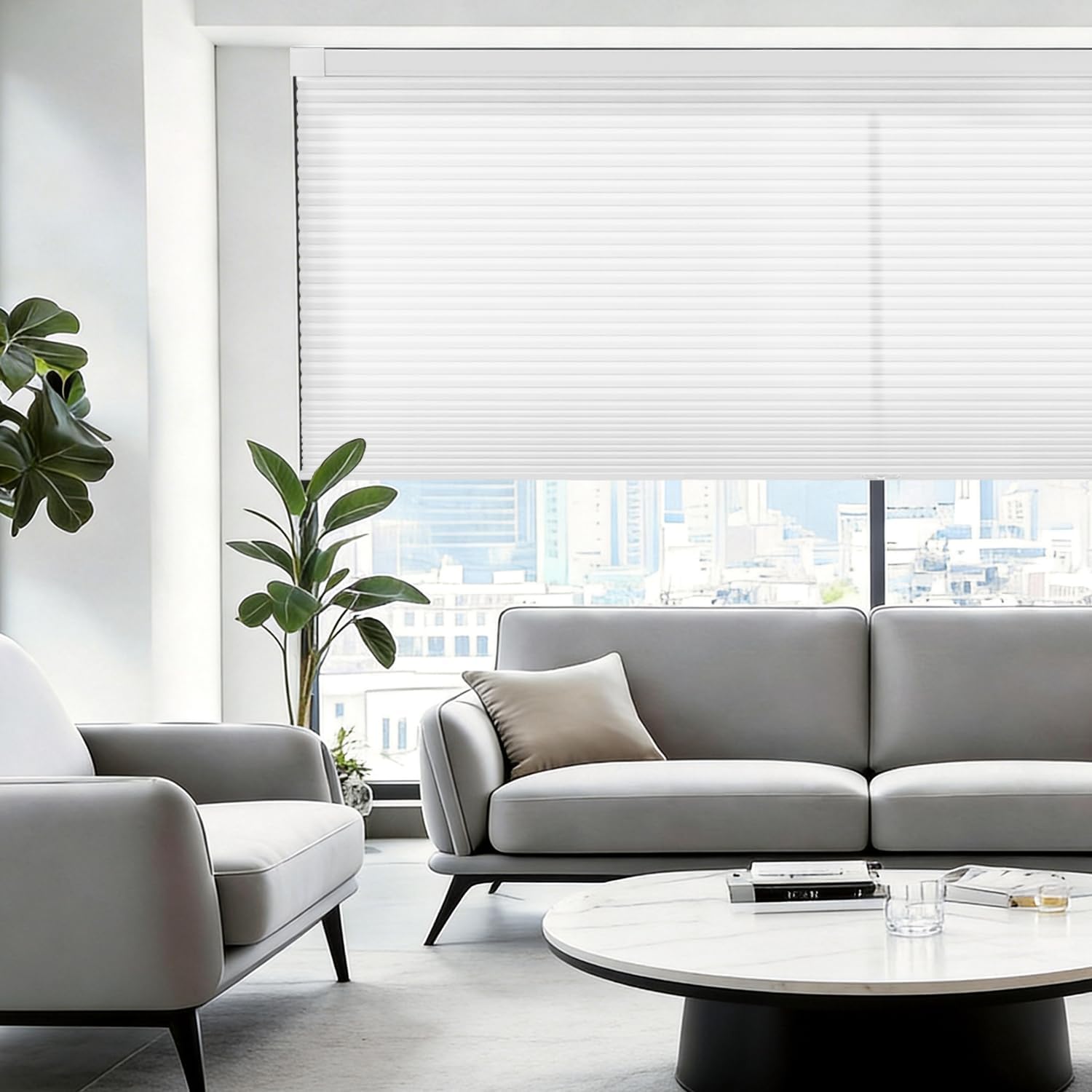 AOSKY No Tools No Drill Cordless Cellular Shades Blinds for Indoor Windows, Light Filtering Thermal Insulated Honeycomb Window Blinds Shades for Living Room Bedroom, 61" W x 48" H, White
