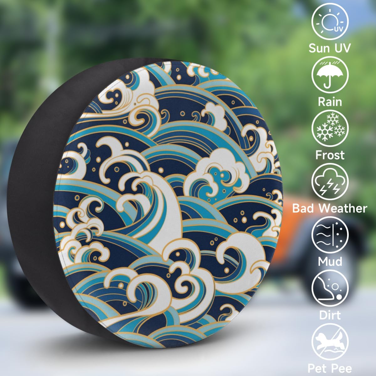 Sea Wave Tire Covers Portable Spare Tire Cover Soft Durable Waterproof Dustproof Set of 4 Bags 15 Inches for Car Truck SUV Trailer Camper