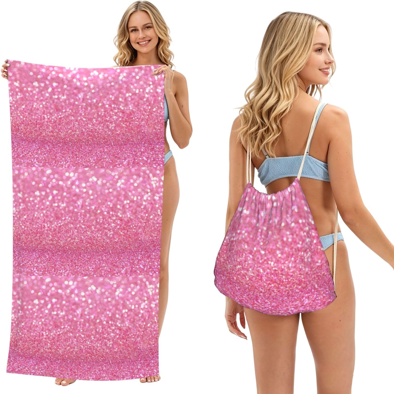 Poadnly As Picture Pink Glitter, 2 In 1 Packable Towel Bag, Beach Towels With Drawstring Backpack For Travel Holiday Camping